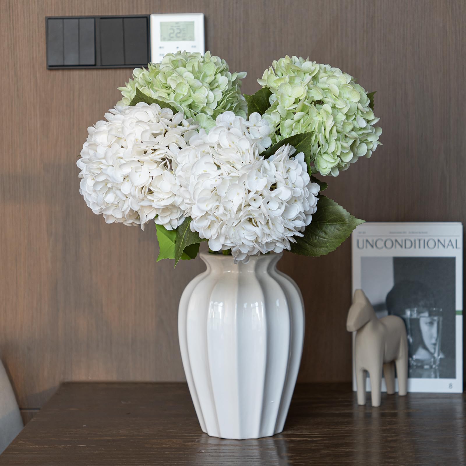 DUYONE 4Pcs 22 inch Lifelike Artificial Hydrangea,2 White & 2 Light Green Large Real Touch Flowers Artificial Flowers Dry Flower