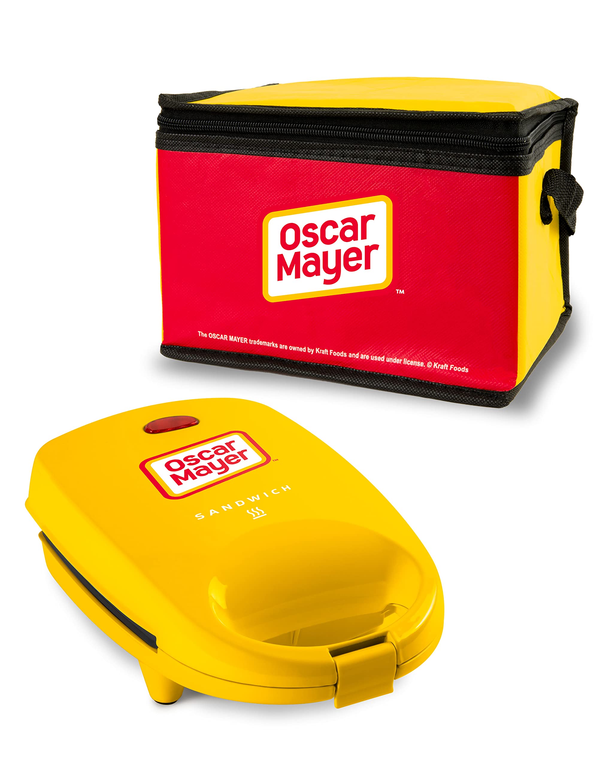 Nostalgia Oscar Mayer Sandwich Maker With Beverage Cooler Bag, 5-Inch Nonstick Cooking Surface With Indicator Lights And Lock Fe