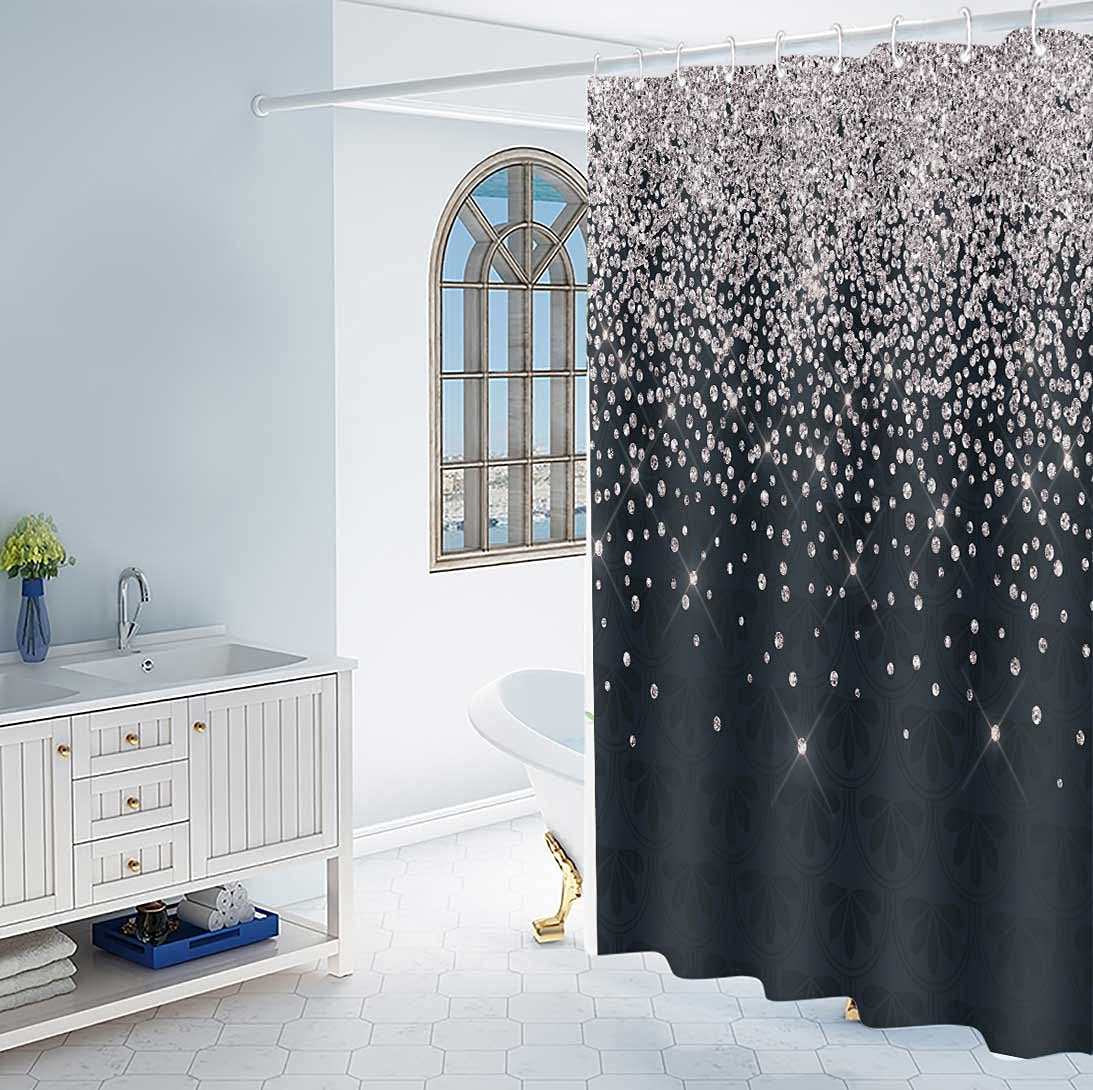 Tersum Silver Gray Bokeh Gorgeous (No Sparkles Or Glitter) Shower Curtain,Falling Snow Night Sky Stars Black Night 3D Printed Fa