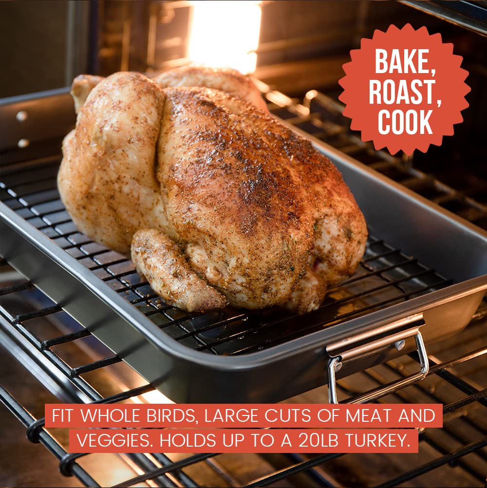 Chef Pomodoro Nonstick Carbon Steel Large Roasting Pan With Rack, Turkey Roasting Pans For Oven, Roaster Pan With Flat Rack, Tur