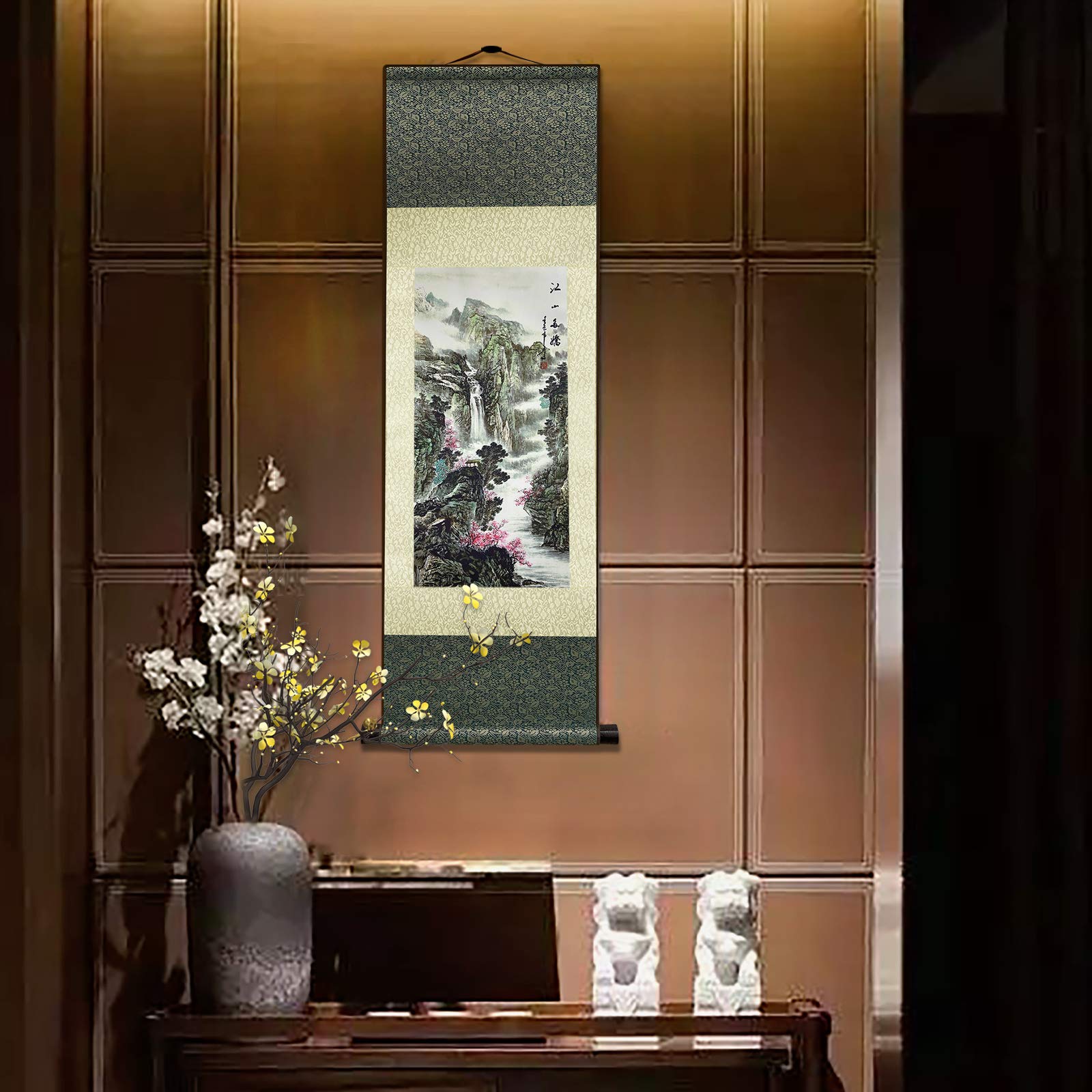 AtfArt Asian Wall Decor Beautiful Silk Scroll Painting Jiangshan Duojiao - Our land is rich in beauty Oriental Decor Chinese Art Wall Scroll Wall Hanging Painting Scroll (39 x 12 in)