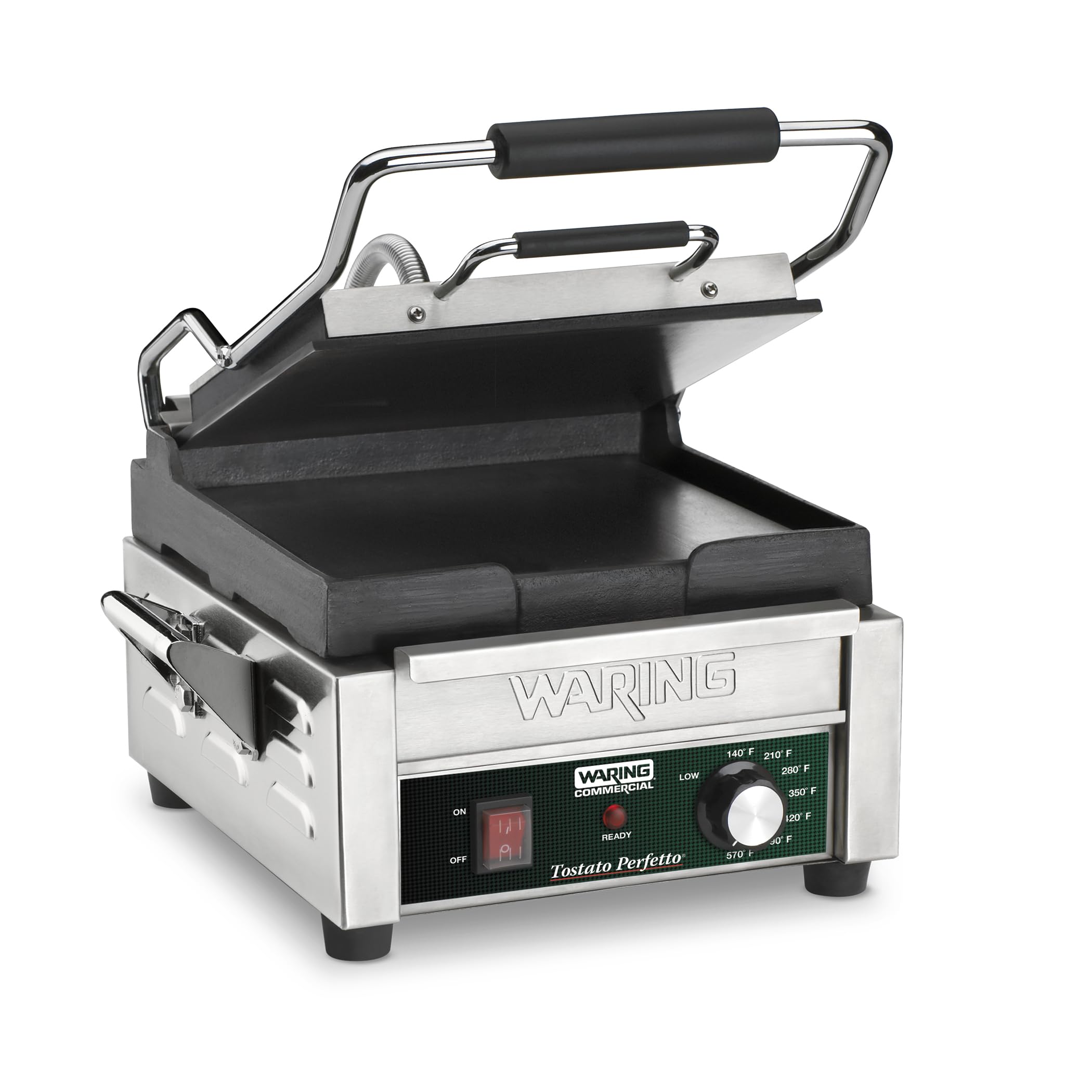 Waring Commercial Panini Press, Flat Cast Iron Plates, 9.75 x 9.25 Cooking Surface, 570F Adjustable Thermostat, for Sandwiches u