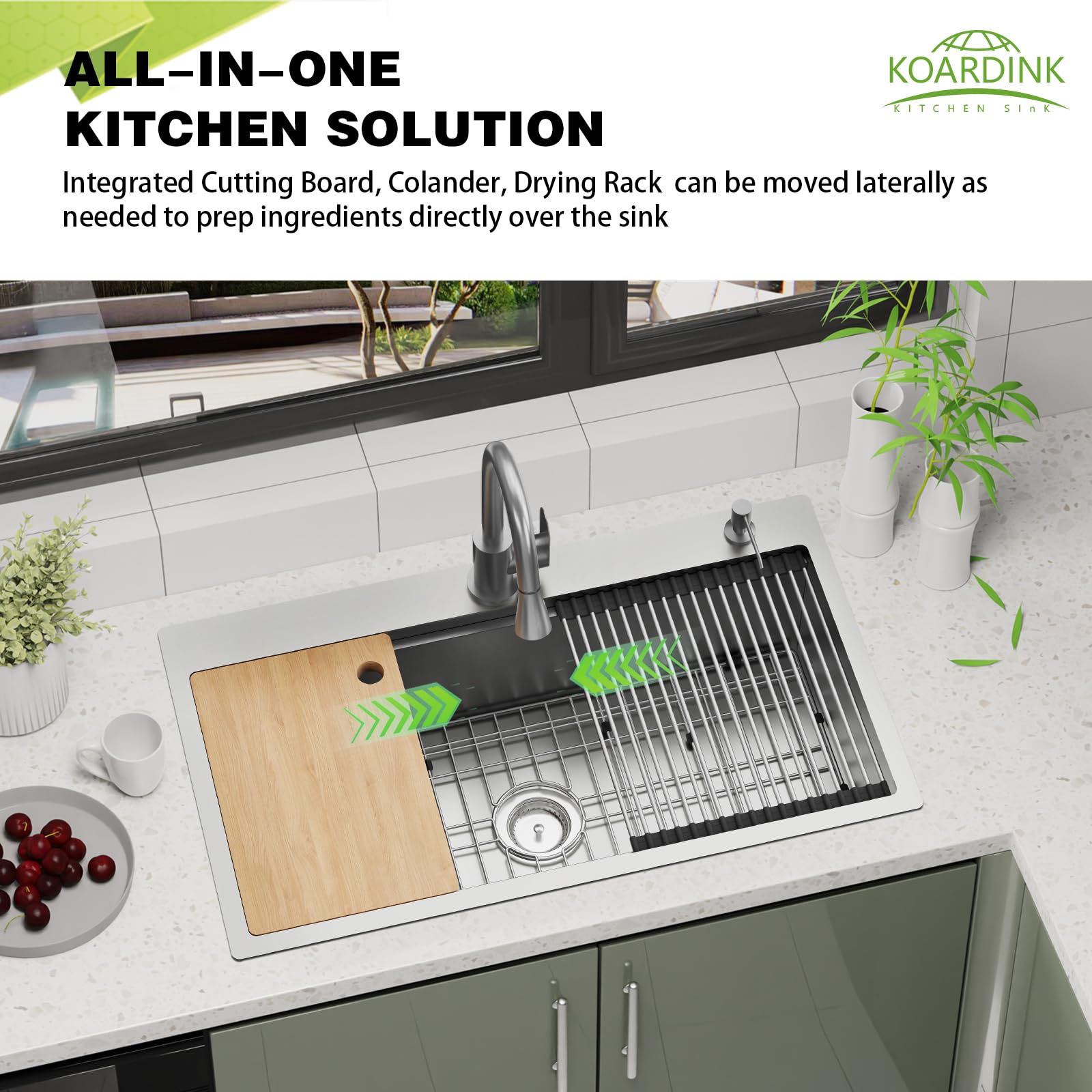 Kitchen Sink Workstation, 33x19 In Stainless Steel Drop In Modern Large Single Bowl Workstation Sink Gift Combo-SS Grid,Drying R