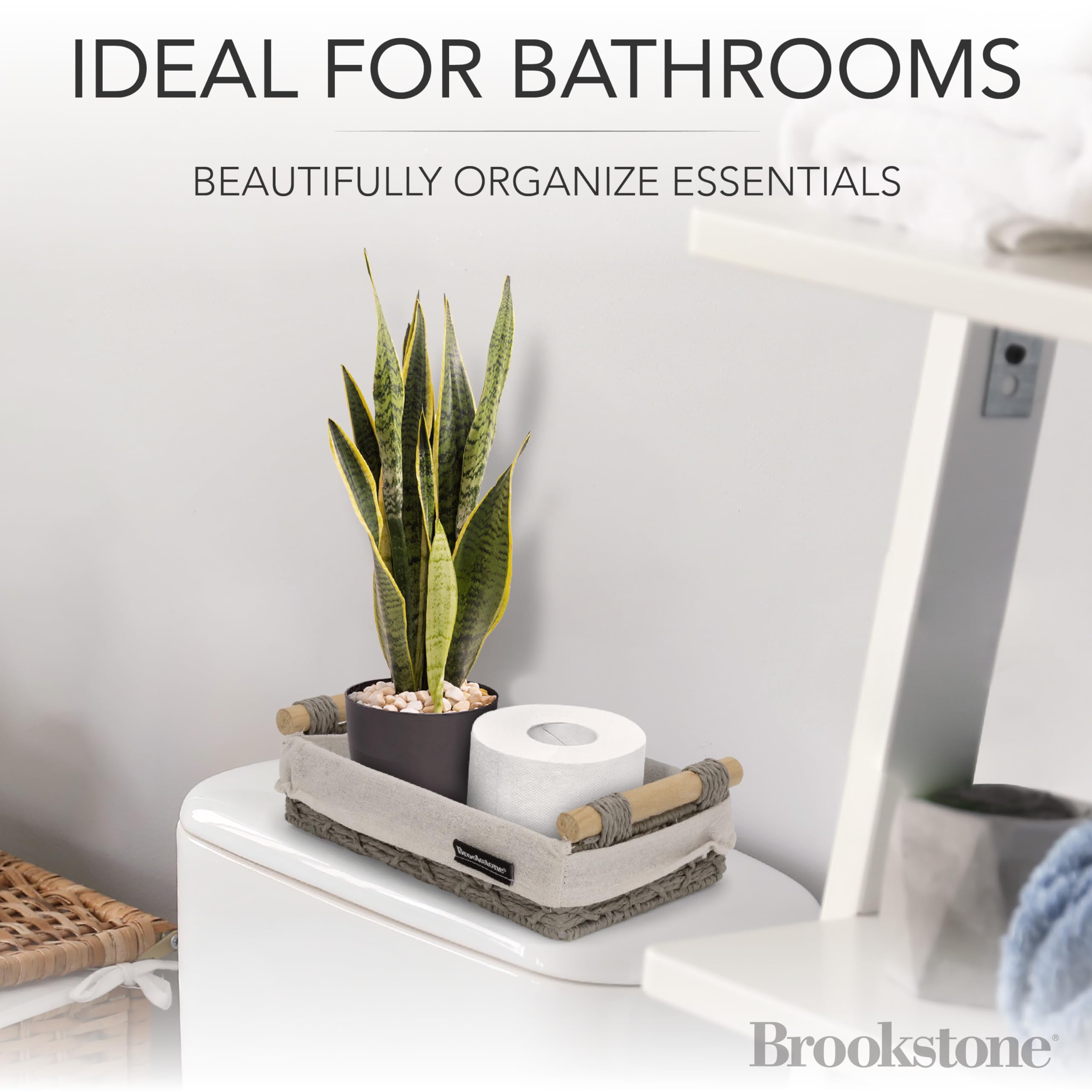 Brookstone [2 Piece Set] Wicker Storage Basket With Crafted Wood Handles, Organization And Storage Container, Decorative Shelf B