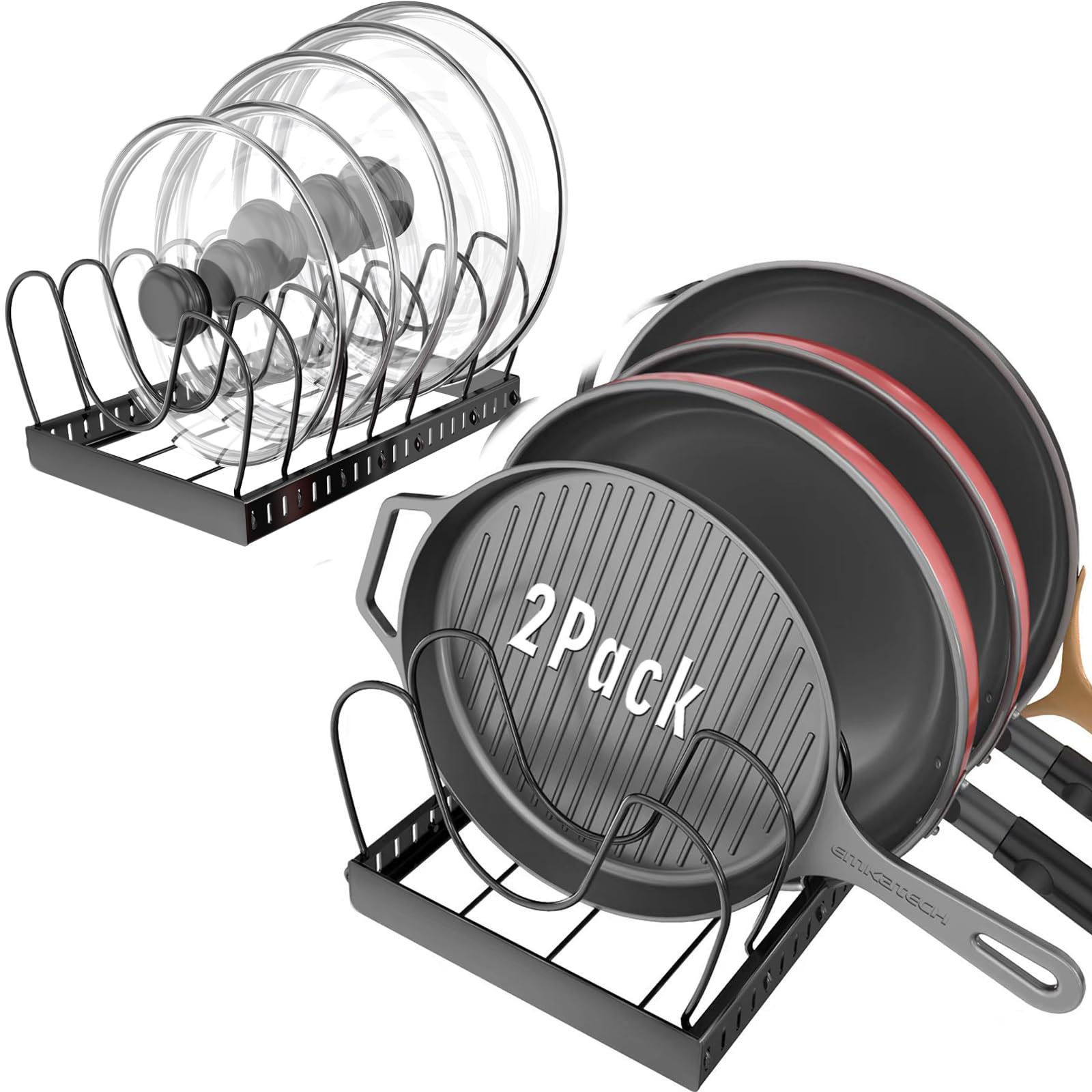 2PACK Pot Lid Organizers Inside Cabinet for Kitchen, Pots and Pans Organizer Under Cabinet with 16 Adjustable Dividers, Countert