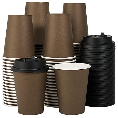 LITOPAK 100 Pack 12 oz Paper Coffee Cups  Brown Disposable Coffee Cups with Lids  Drinking Cups for Cold/Hot Coffee  Water  Juice  or Tea  Hot Paper Coffee Cups for Home  Restaurant  Store and Cafe.