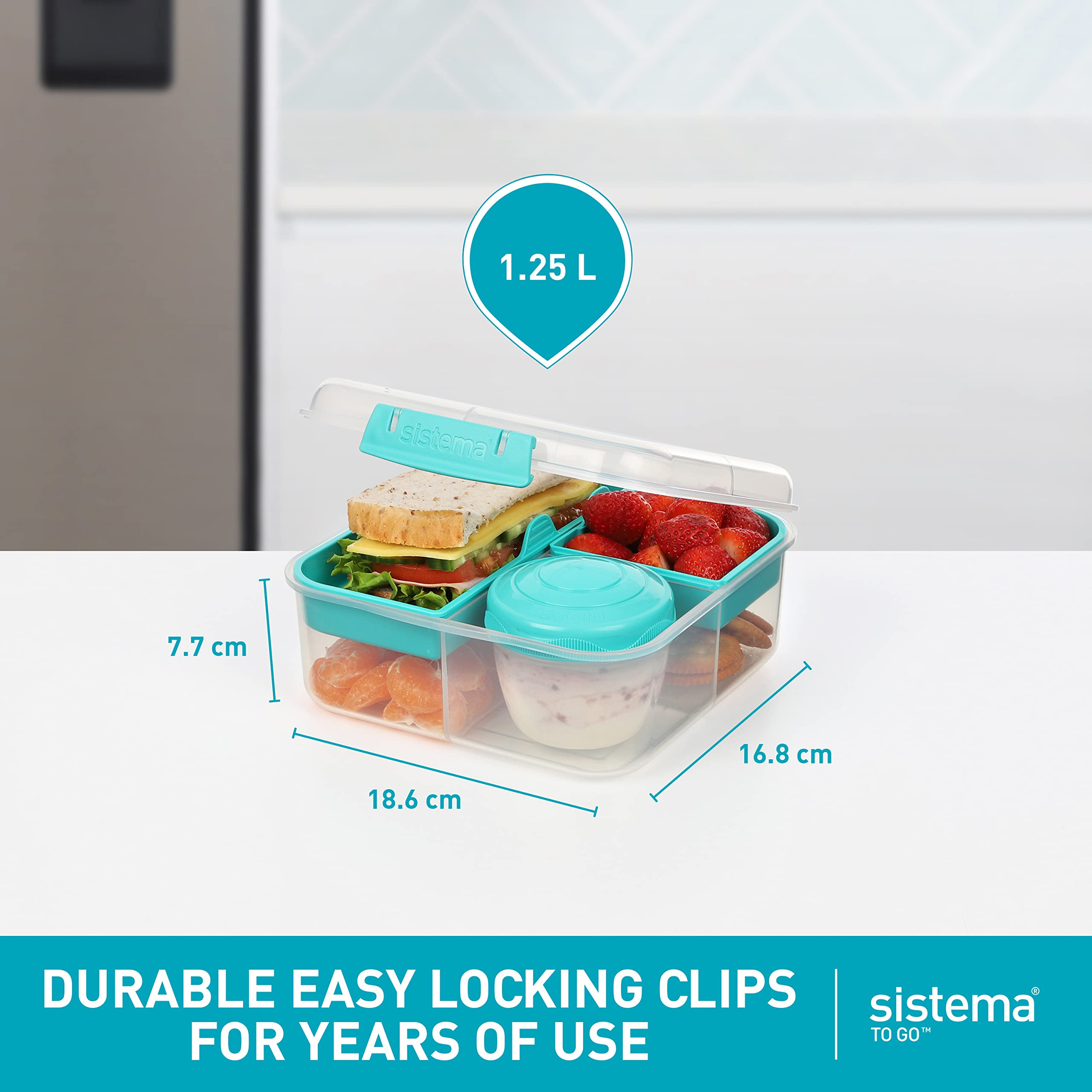 Sistema Bento Box Lunch Box With 3 Compartments, 2 Removable Trays, And Salad Dressing Container, Dishwasher Safe, Color May Var