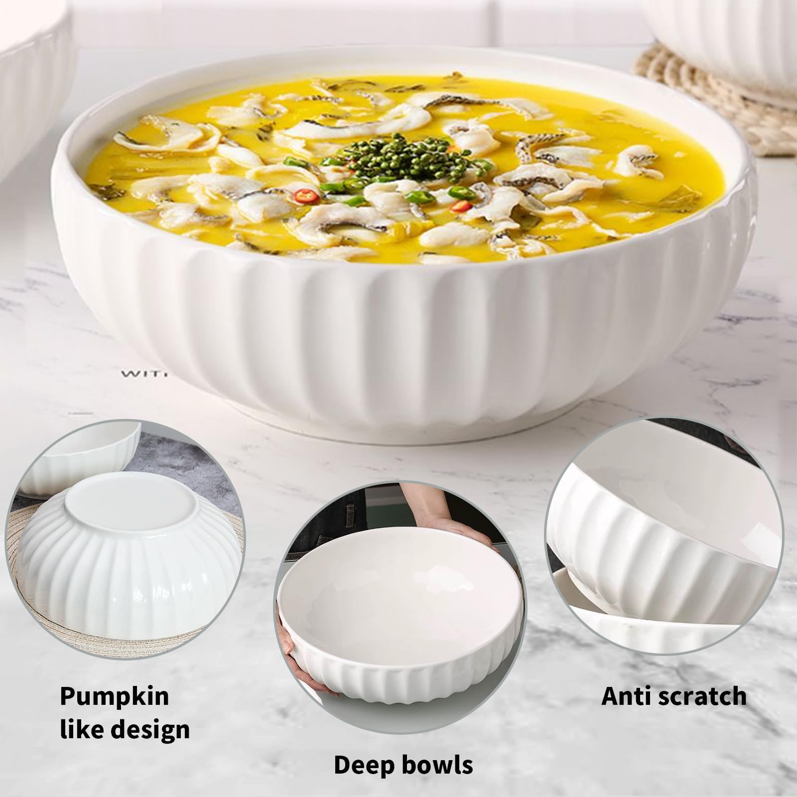 4 Quarts 2 Pcs Extra Large White Serving Bowls With Free Spoons, 12 Inch Oversized Big Salad Bowls For Entertaining, Eating, Cer