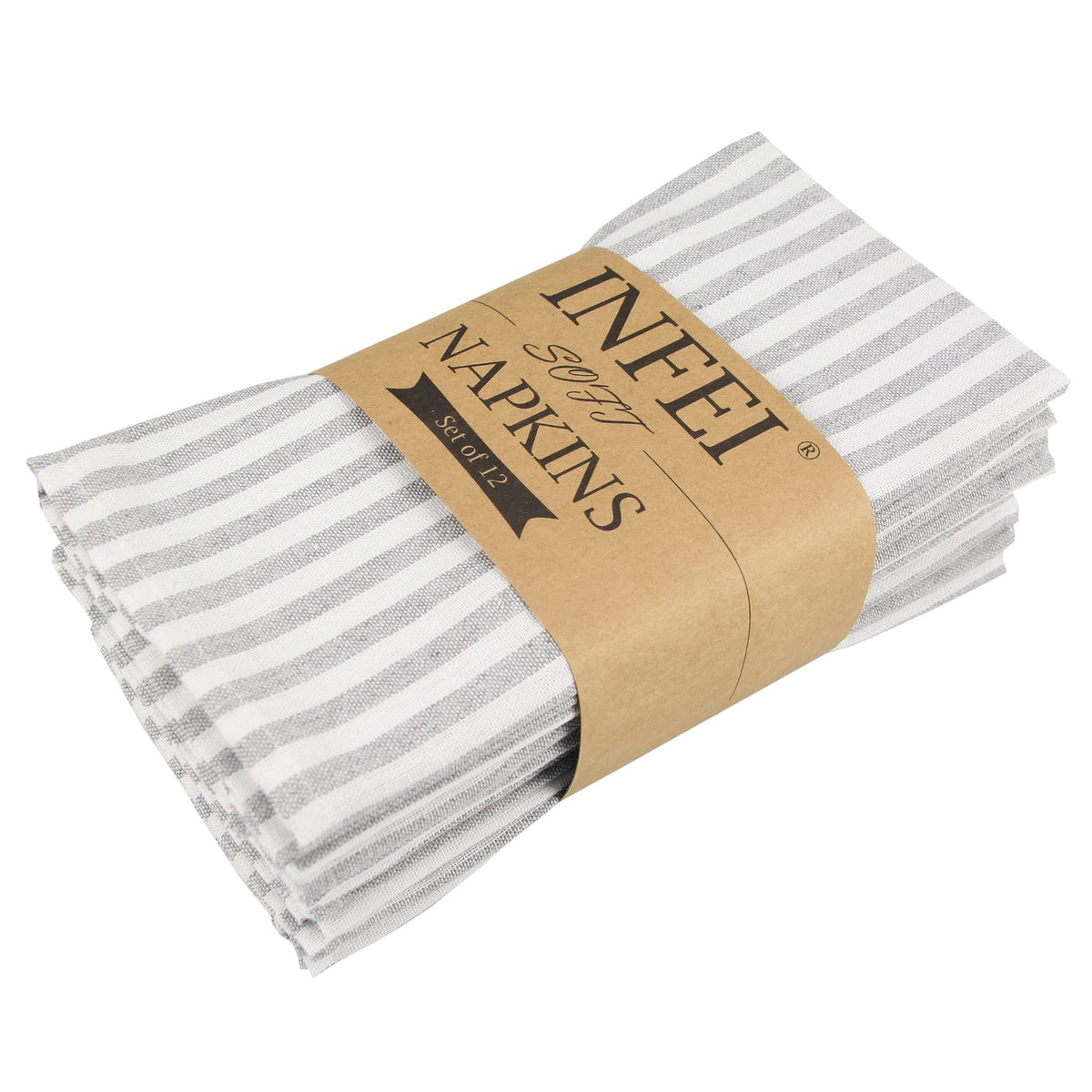 Infei Plain Striped Cotton Linen Blended Dinner Cloth Napkins - Set Of 12 (17 X 17 Inches) - For Events & Home Use (Grey)