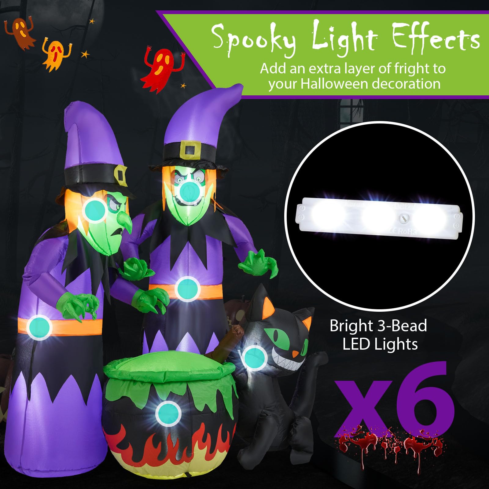 Tangkula 6 Ft Inflatable Halloween Witches, Blow up 2 Scary Witch Decoration with Cauldron & Black Cat, LED Lights, Ground Stake