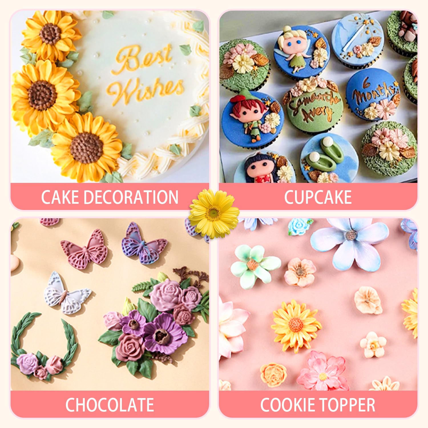 Kalaien 5 Pieces Flower Fondant Cake Molds Fondant Silicone Mold Daisy Flower,Rose Flower,Chrysanthemum Flower Candy Silicone Mo
