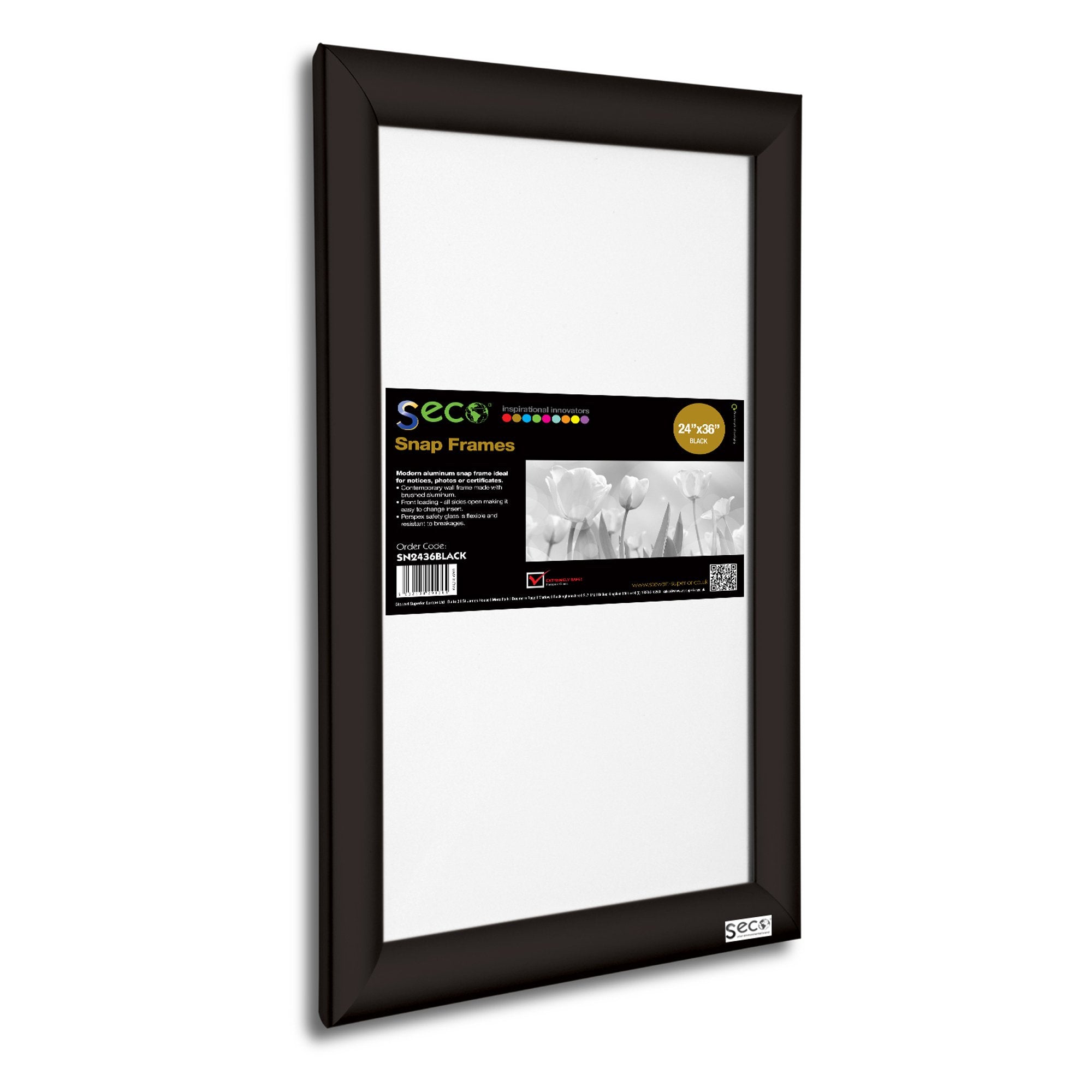 SECO Front Load Easy Open Snap Poster/Picture 24 x 36 Inches, Black Aluminum Frame (SN2436Black), 24 x 36