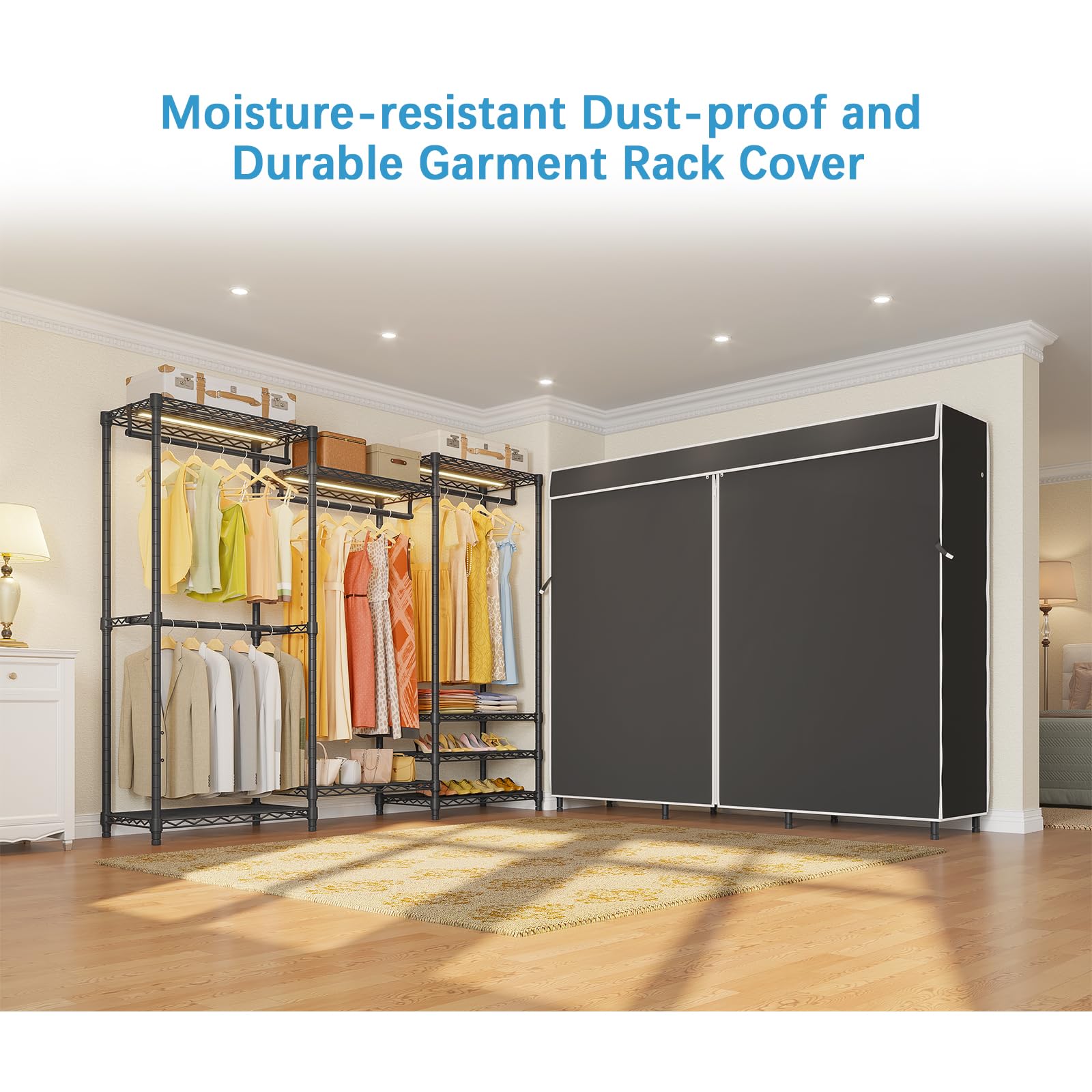 Vipek V5L Garment Rack Heavy Duty Covered Clothes Rack With Dimmable Led Lights, 3000K Warm White, Portable Closet Wardrobe Free