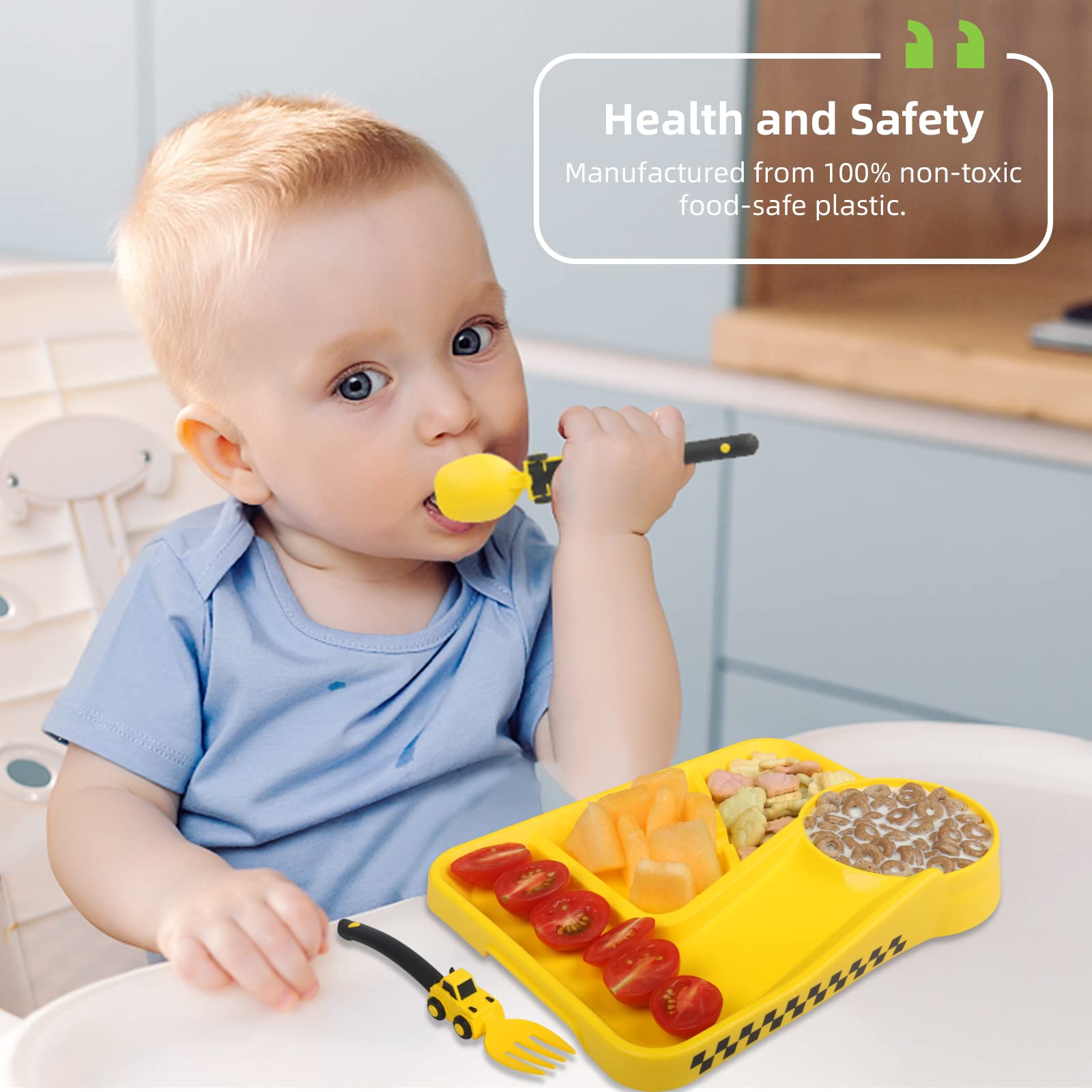 Toddler Plates - Toddler eating Utensil set with Spoon Fork and Removable Straw - construction theme Toddler Utensils - Baby Pla