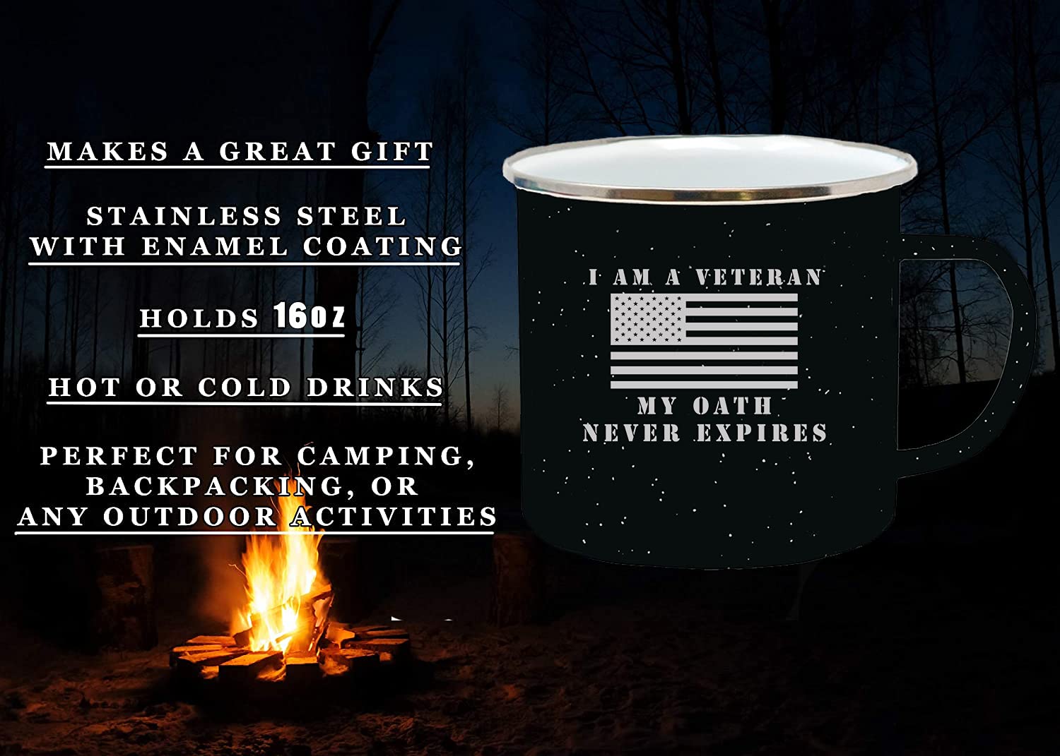 Rogue River Tactical Black Military Veteran Oath Camp Mug Enamel Camping Coffee Cup Gift For Vet 16oz Large