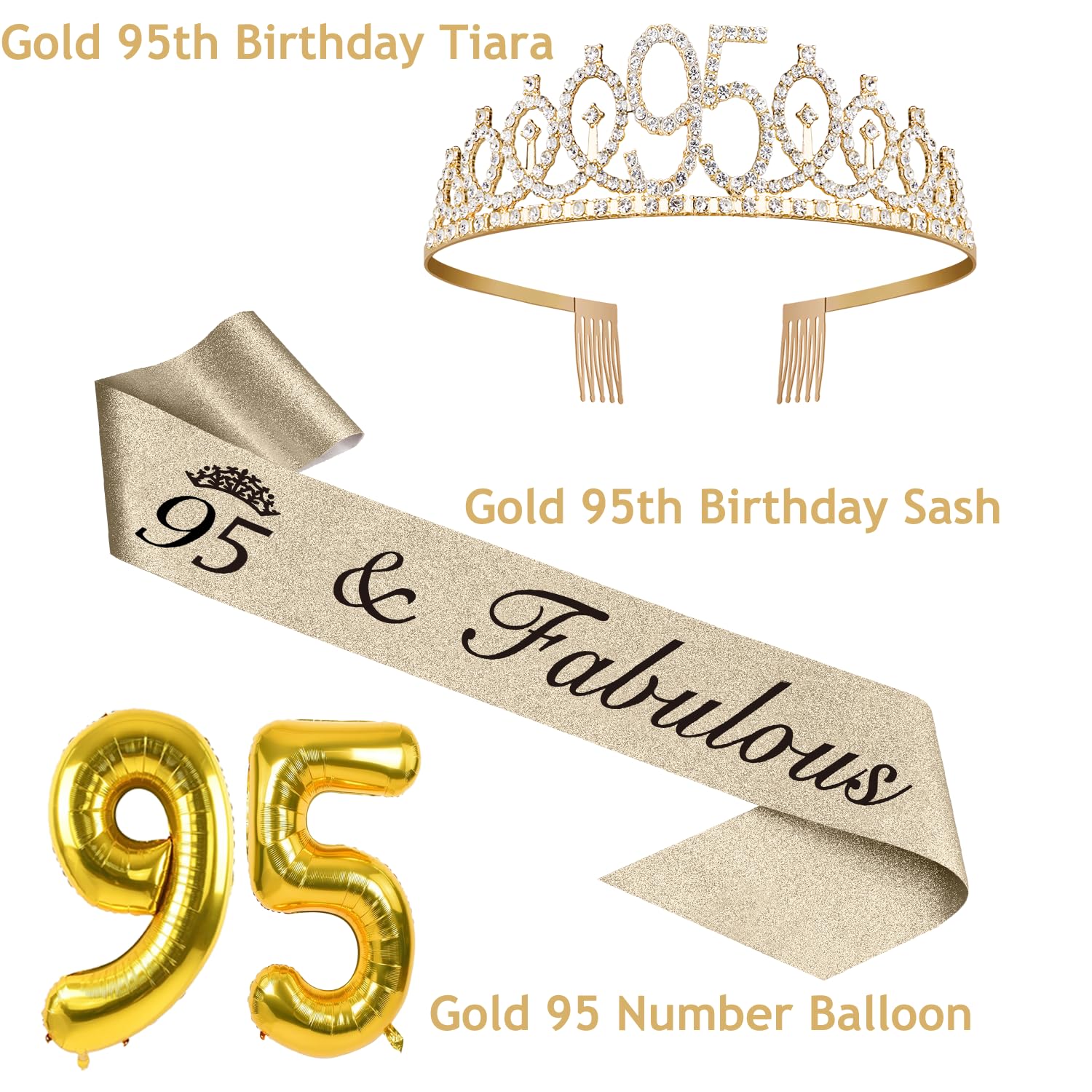 95Th Birthday Decorations For Women Gold With 95Th Birthday Sash And Tiara, 95Th Birthday Cake Topper And Birthday 95 Candles, B