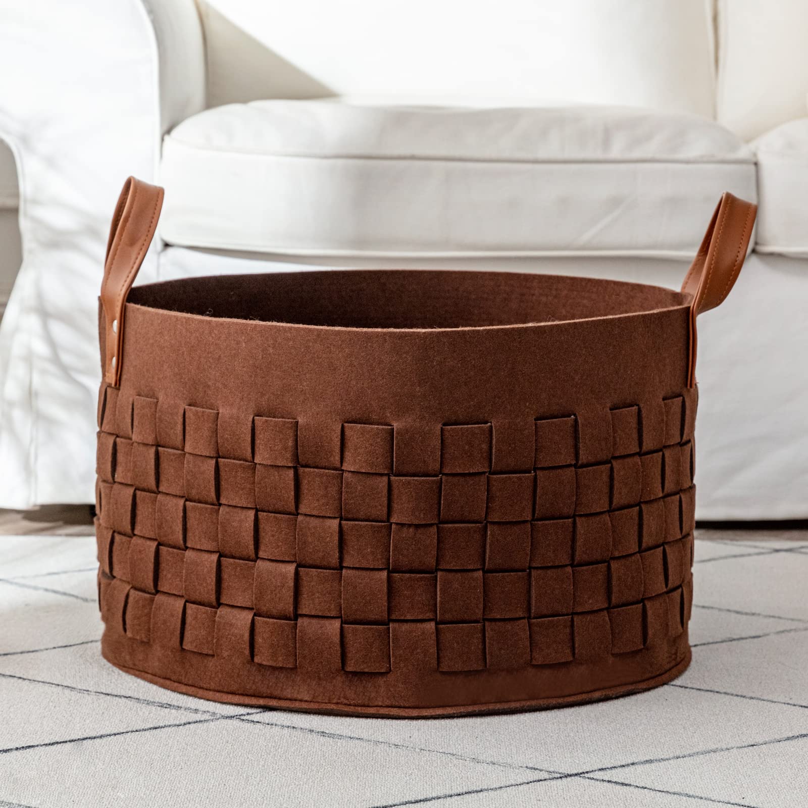 boldmonkey Laundry Basket 20 x20 x11.8, Large Felt Fabric Blanket Basket with Leather Handle, Dirt Clothes Laundry Hamper Round 