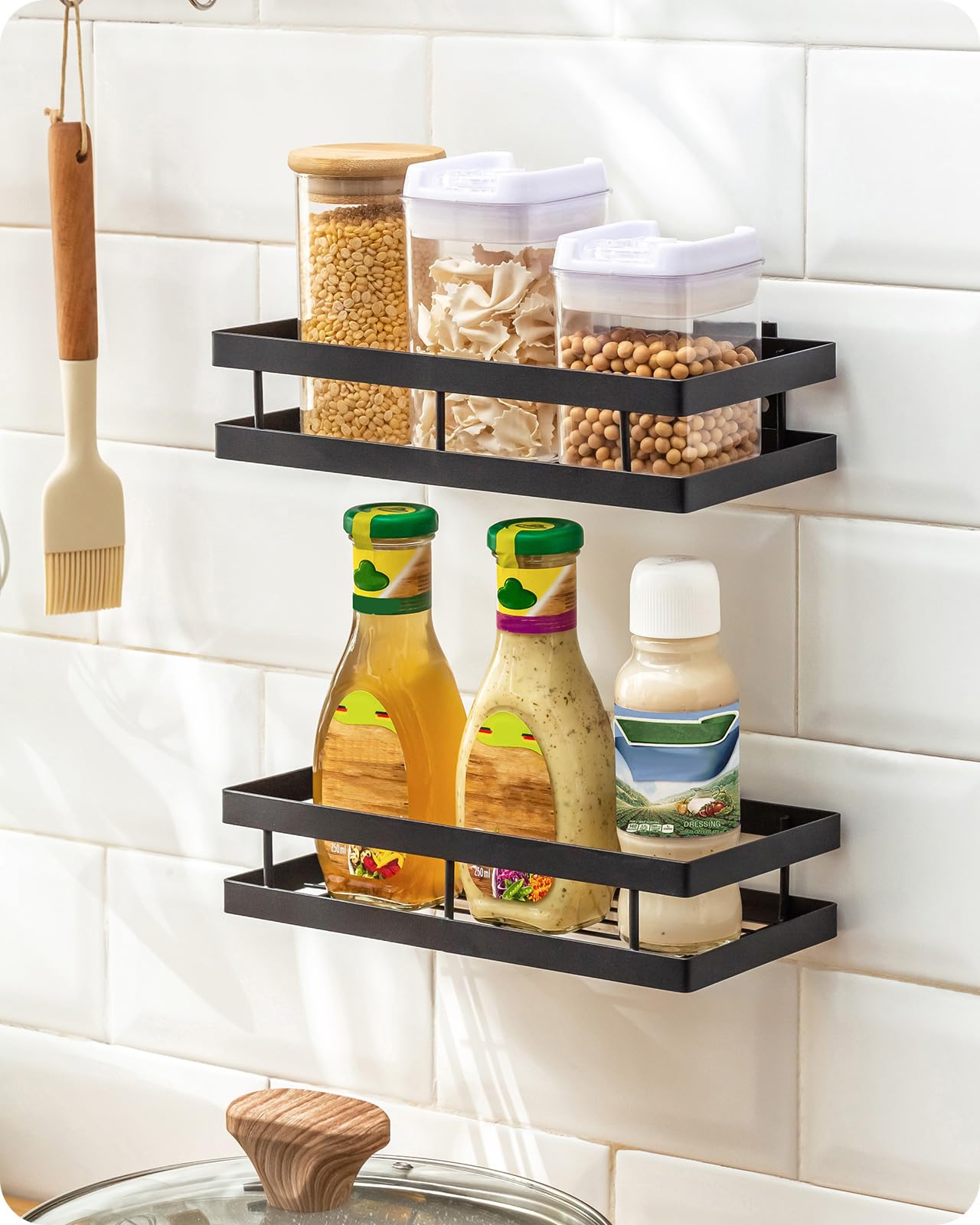 Metal Spice Rack Wall Mount Floating Shelves 2 Pack Black Storage organizer for Cabinet Door Pantry Kitchen Bathroom Supplies (9