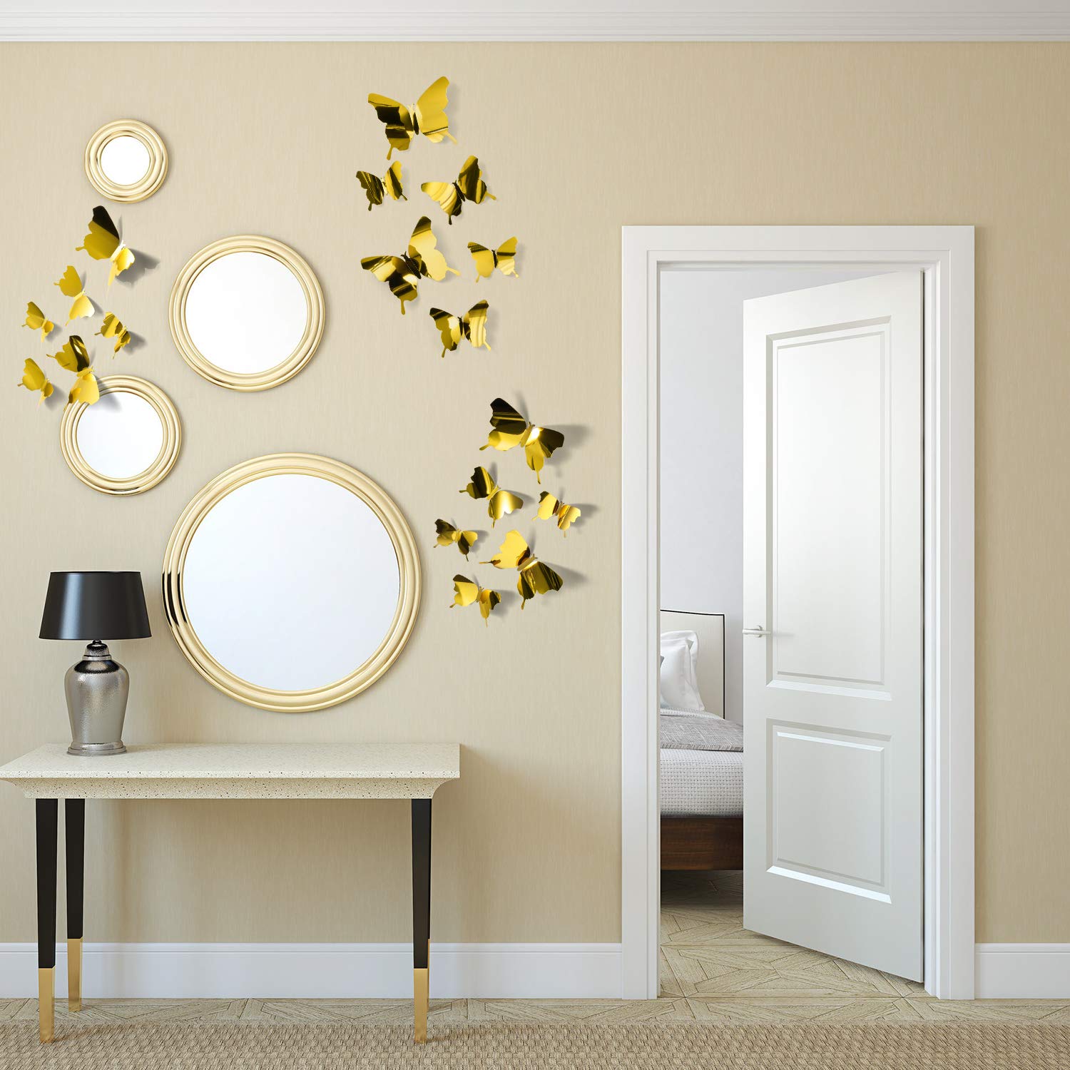 48 Pieces Butterfly Wall Decor Diy Mirror 3D Butterfly Stickers Removable Decals For Home Bedroom Bathroom Living Room Decor(Gol