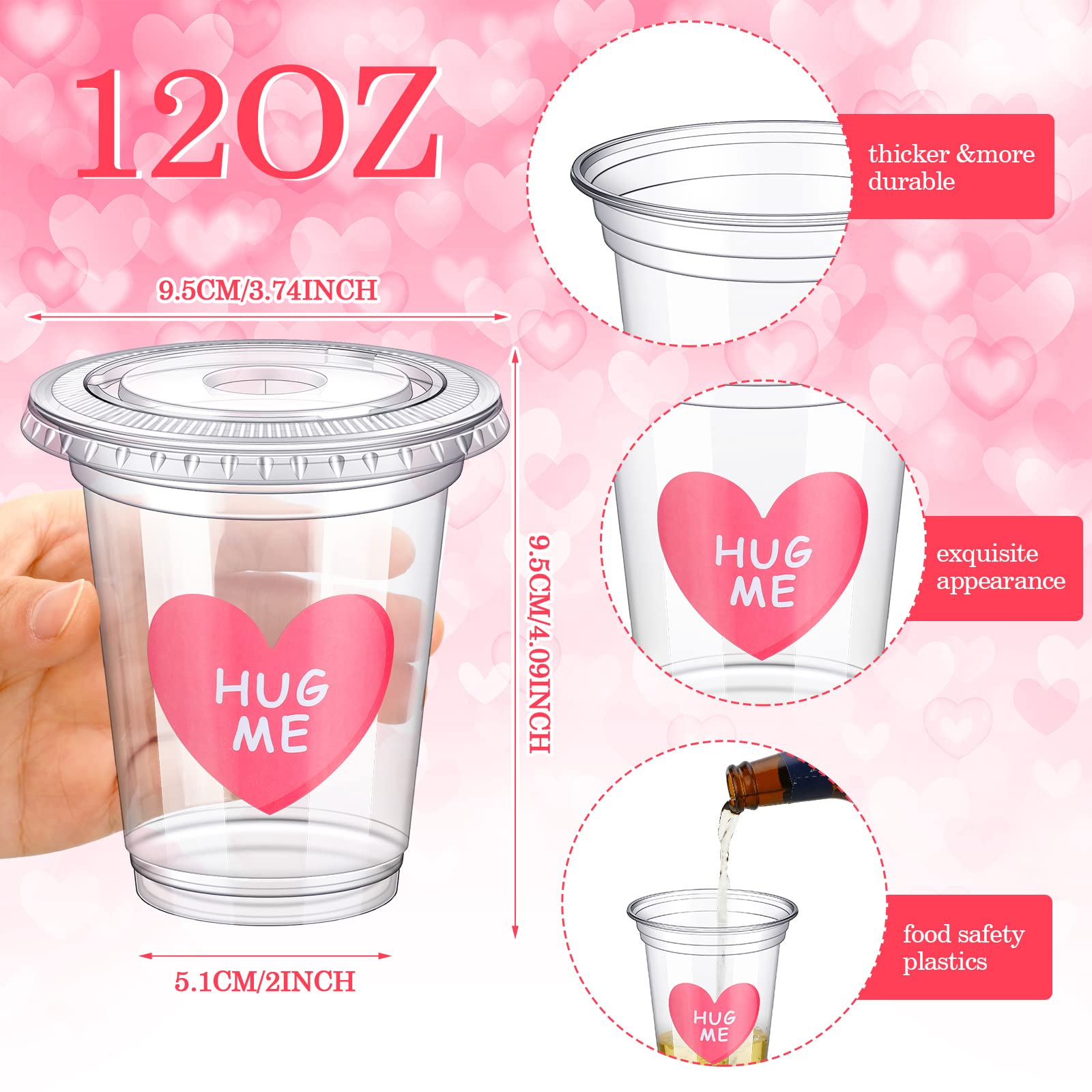 Eaasty 20 Sets Valentine'S Day Disposable Cups With Lid And Straws,12 Oz Clear Plastic Valentines Cups With Heart Shaped Sticker