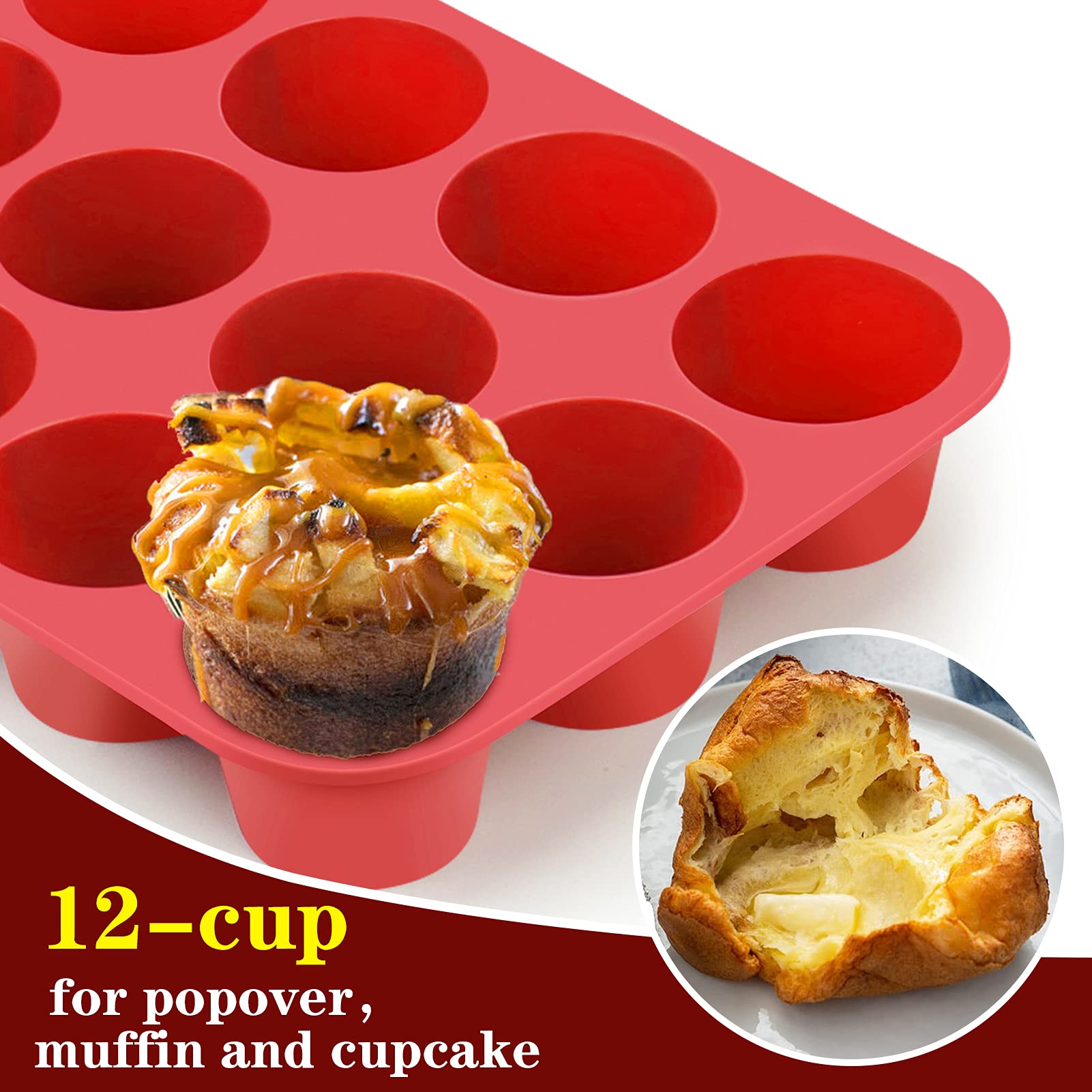 Vodolo 12-Cup Silicone Popover Pans, Non-Stick for Muffins & Brownies, Cherry Red