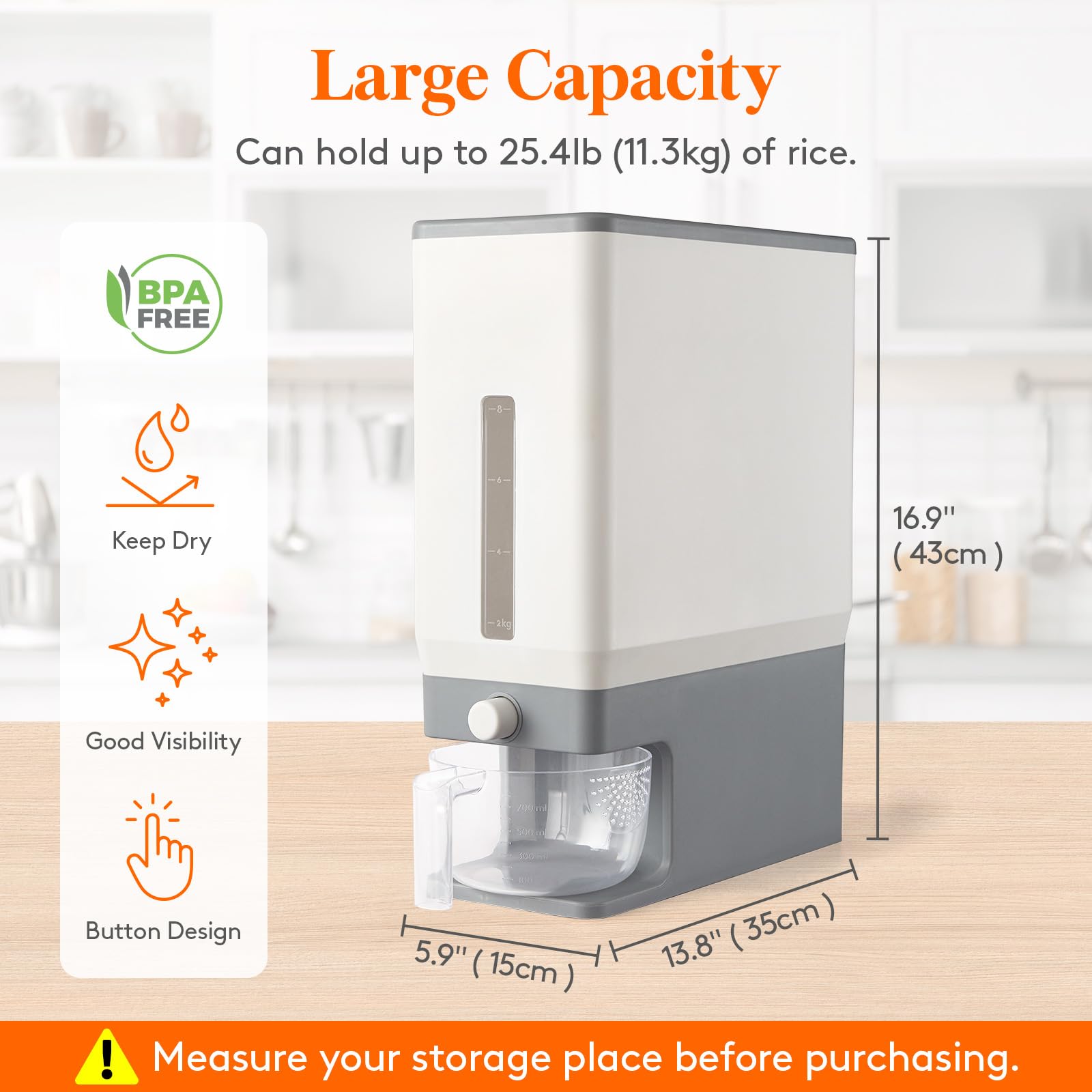 Lifewit Rice Dispenser 25 lbs, Sealed Moisture Proof Container, BPA-Free, Light Grey, Model 22053