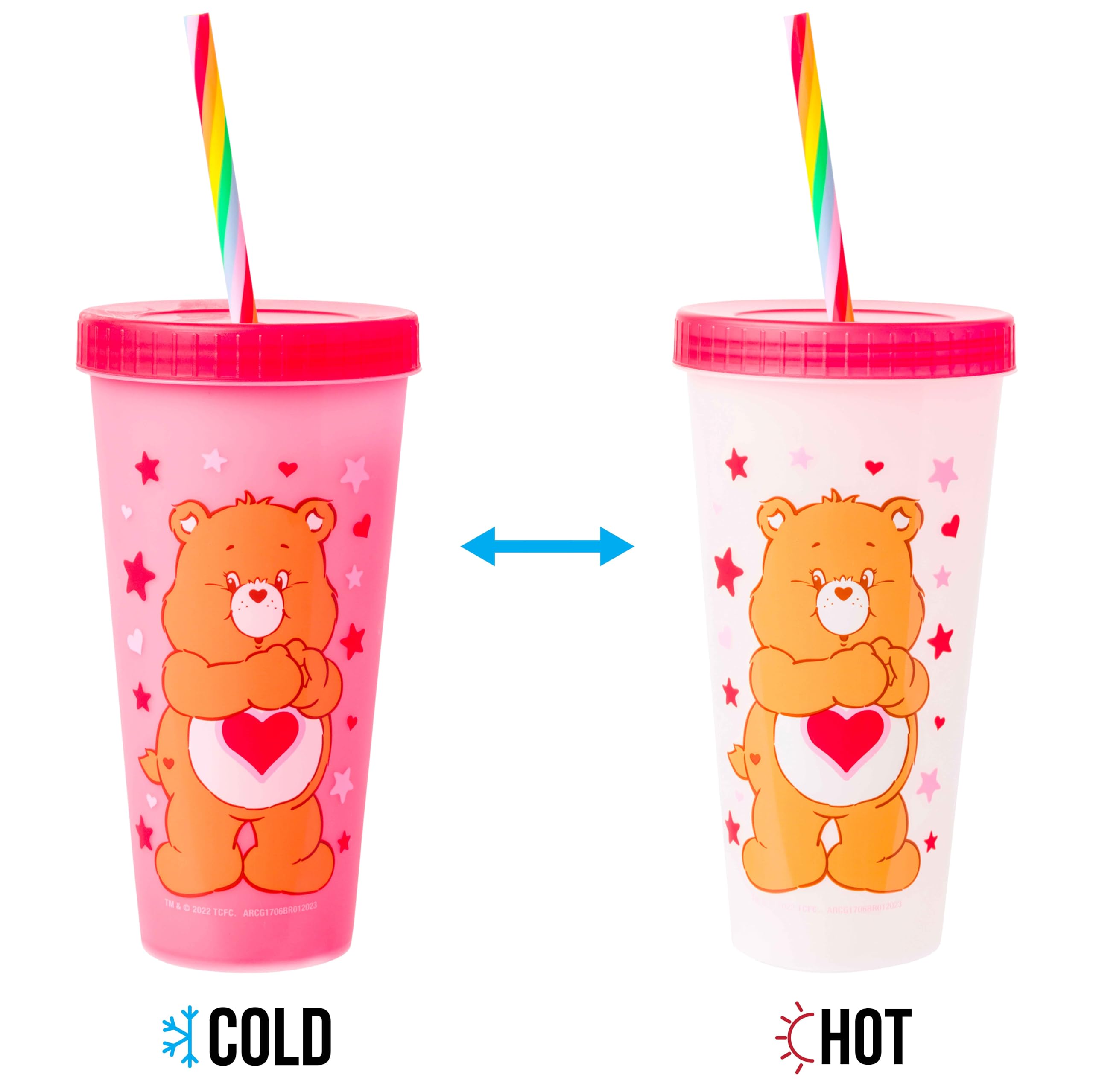 Silver Buffalo Care Bears Hearts And Stars 4 Pack Plastic Color Changing Tumblers With Rainbow Swirl Straws Featuring Tenderhear