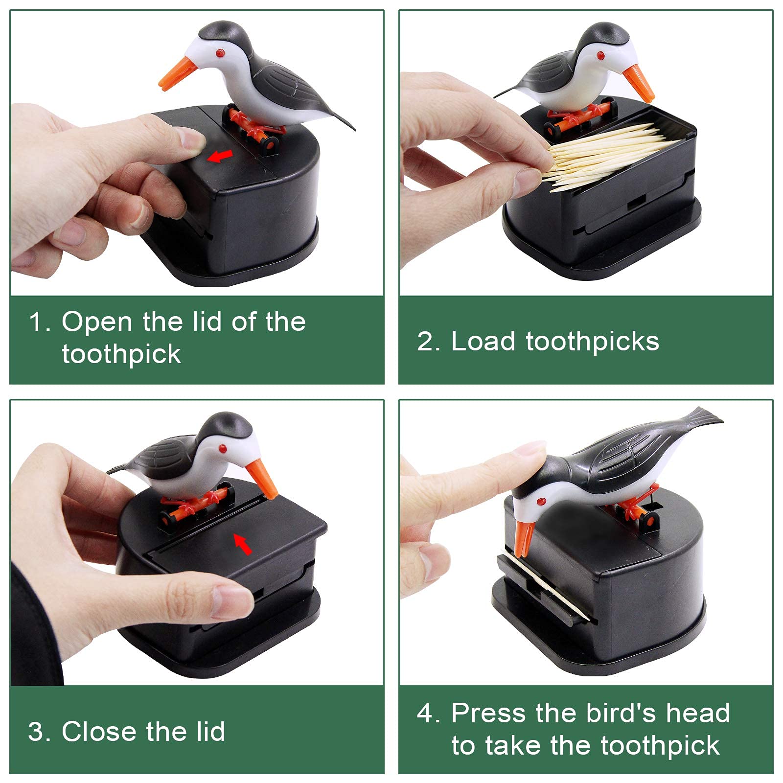 Jucaifu Little Bird Toothpick Dispenser, Creative Push-Type Toothpick Bird Dispenser, Toothpick Holder. (Black)