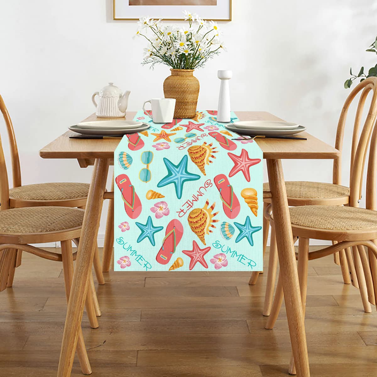 Jiudungs Linen Watercolor Beach Starfish Shell Seahorse Slipper Floral Table Runner 72 Inches Long Summer Coastal Nautical Hawai
