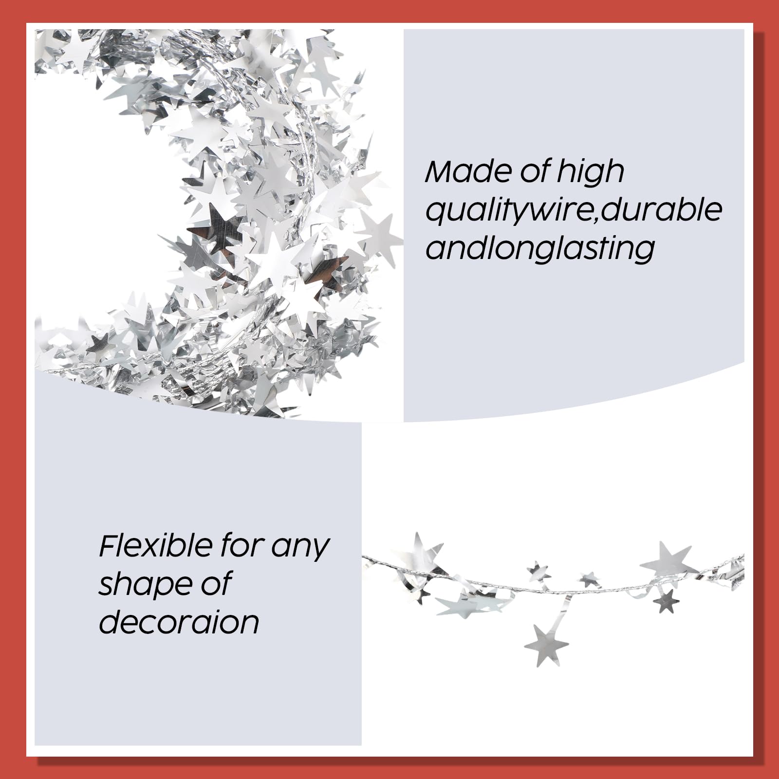 Shappy 147.6 ft Star Garland Wired Silver Christmas Tinsel Garland for Tree Metallic Small Mini, 6 Rolls for Decorations