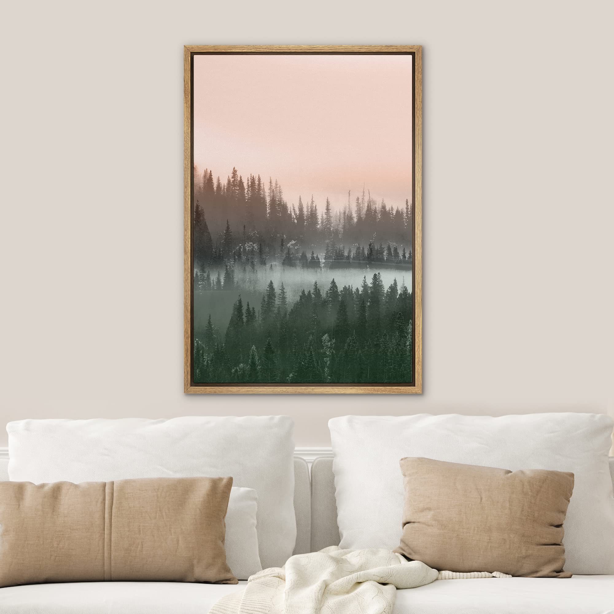 Signwin Framed Canvas Print Wall Art Woodland Nursery Decor Orange Green Pine Tree Forest Nature Wilderness Modern Art Rustic La