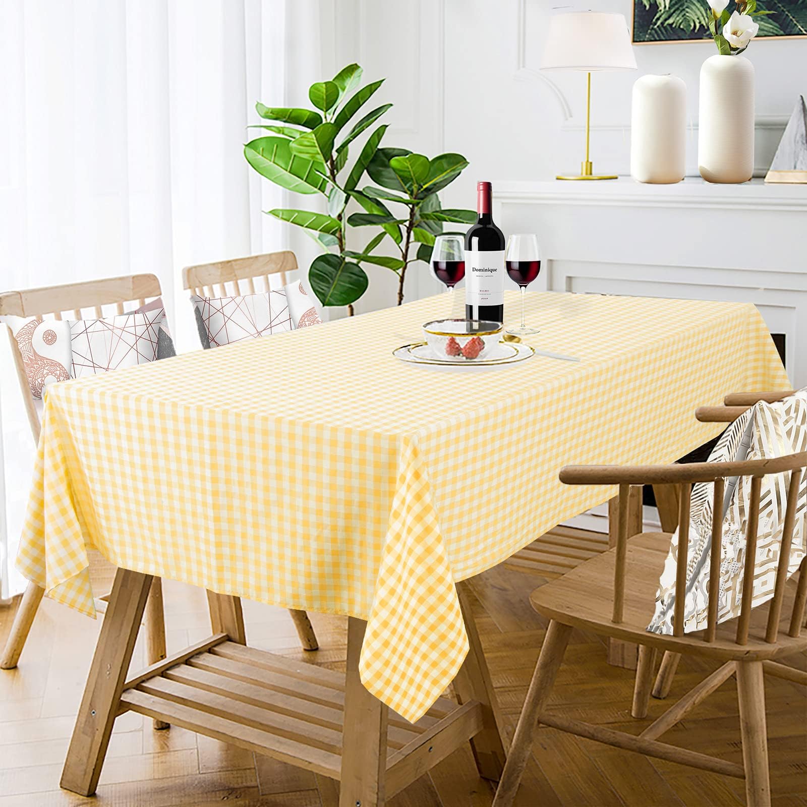 Shinybeauty Checkered Tablecloth -54X72 Rectangle Tablecloth -Yellow Plaid Tablecloth - Washable Table Cover With Dust-Proof Wri
