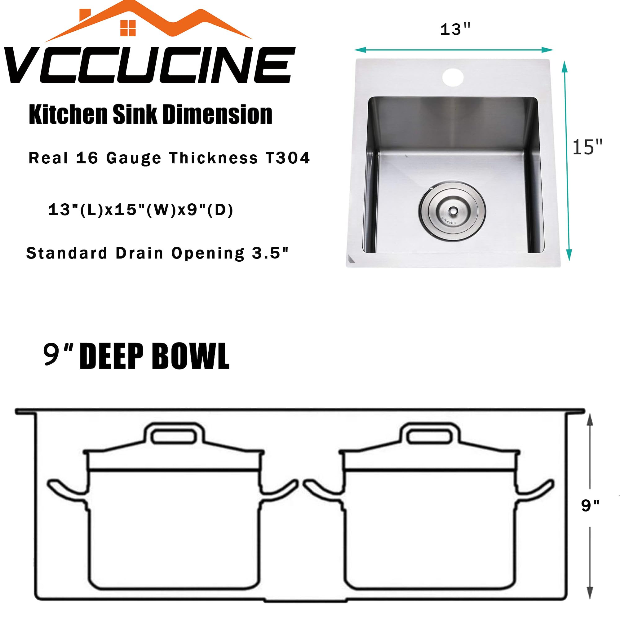 Vccucine Bar Sink Drop In,13 X 15 Inch Topmount Rv Small Kitchen Sink,Handmade Stainless Steel Wet Bar Sink,Outdoor Single Bowl,