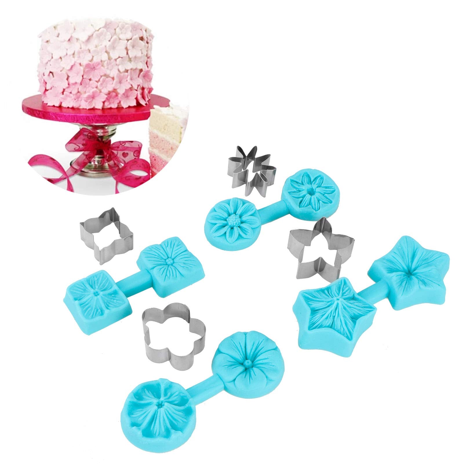 Flower Silicone, 4 Sets Fondant Chocolate Silicone Baking Utensils Kitchen Supplies With Cutter Chocolate Icing Candy Decorating