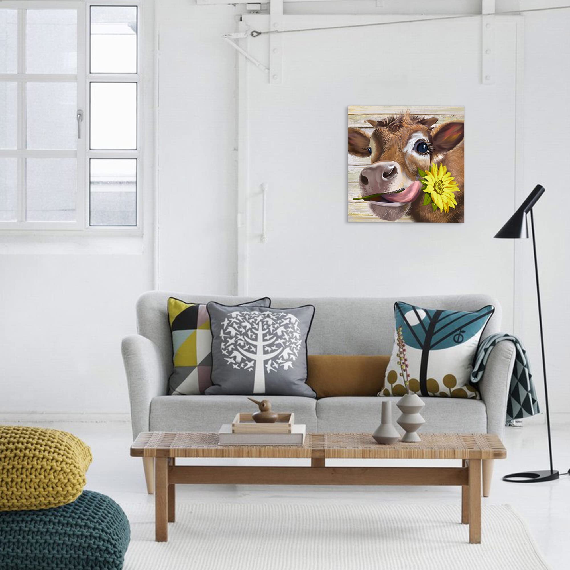 Cow Pictures Wall Decor Country Farmhouse Canvas Wall Art Rustic Sunflower Bathroom Decor Framed Artwork Paintings For Wall Deco