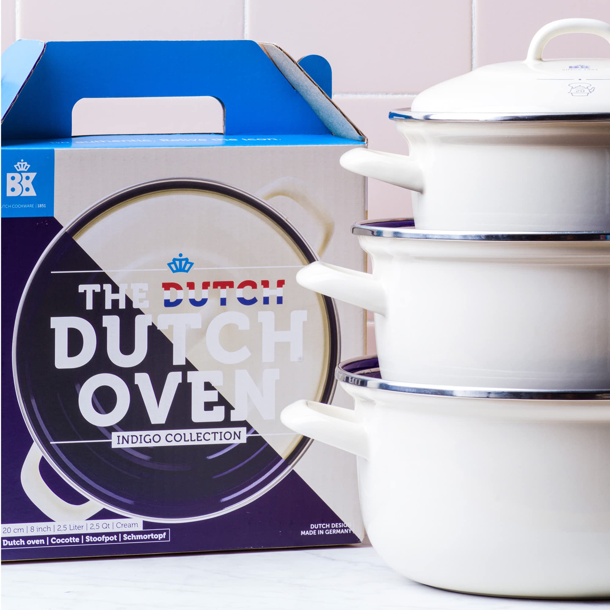 Bk Indigo Dutch Heritage Round German Enamelled Casserole With Lid With Pfas-Free Ceramic Non-Stick Coating, 26 Cm/5.2 Litre, In