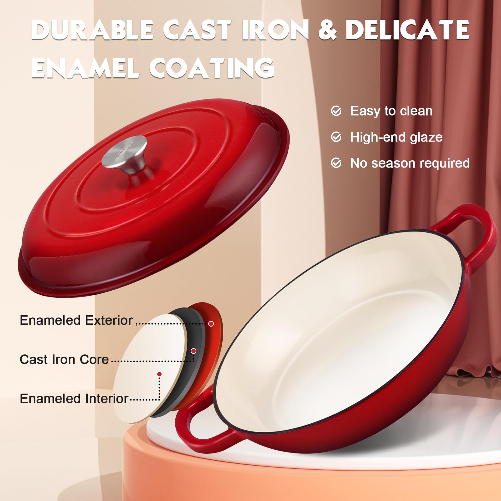 Overmont Enameled Cast Iron Dutch Oven - 3.8 Quart Dutch Oven Pot With Lid - Shallow Cookware Braising Pan - Cast Iron Casserole