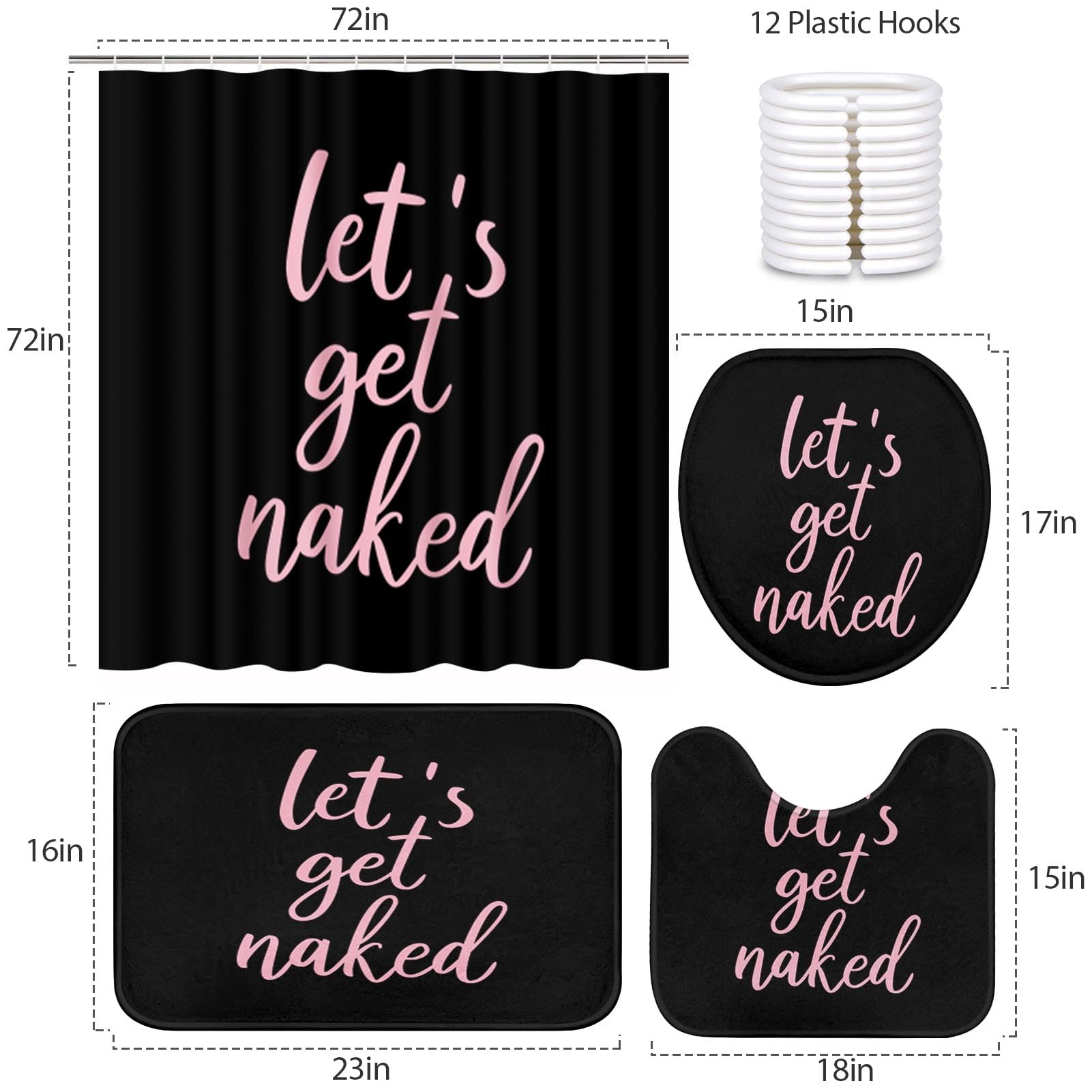 Artsocket 4Pc Pink Let'S Get Naked Shower Curtain Sets Black Bathroom Decor With Rugs, Non-Slip Rug,Toilet Lid Cover, Bath Mat A