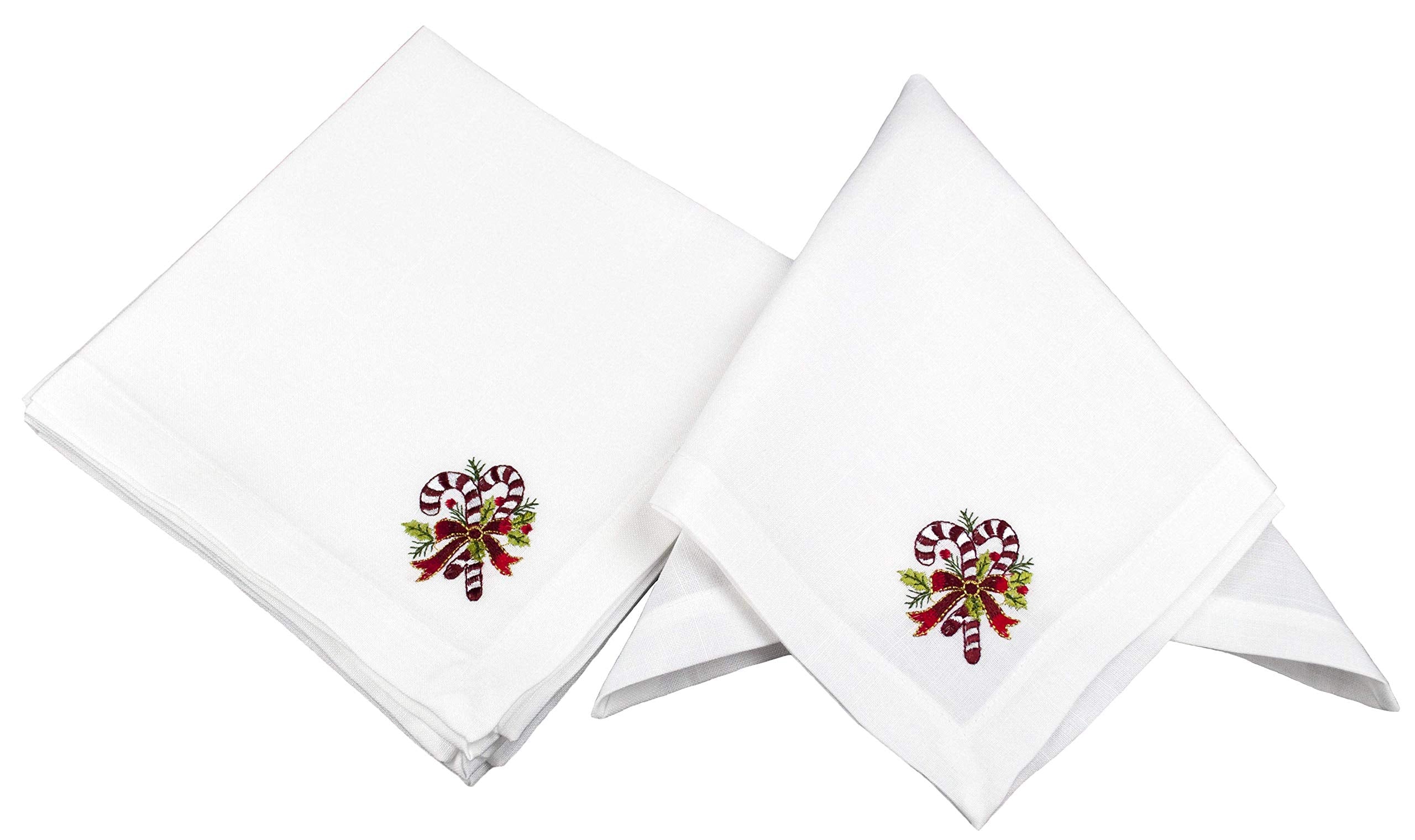 Set Of 4 Embroidered Holiday Candy Canes On White Napkins 19 Inch X 19 Inch Quad Fold Elegant Setting Holiday Decor