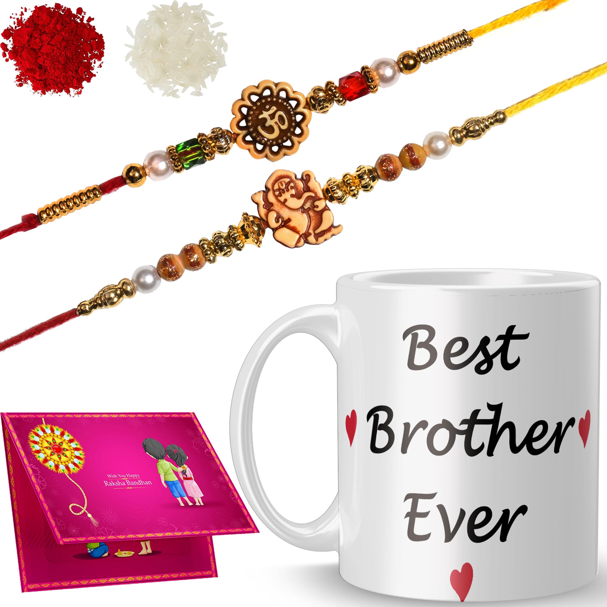 Sahu Kraft Gifts Happy Rakshabandhan Printed Mug with (2 Dora Rakhi, Roli Chawal, Card) Brother Sister, Raksha Bandhan Gifts Rak