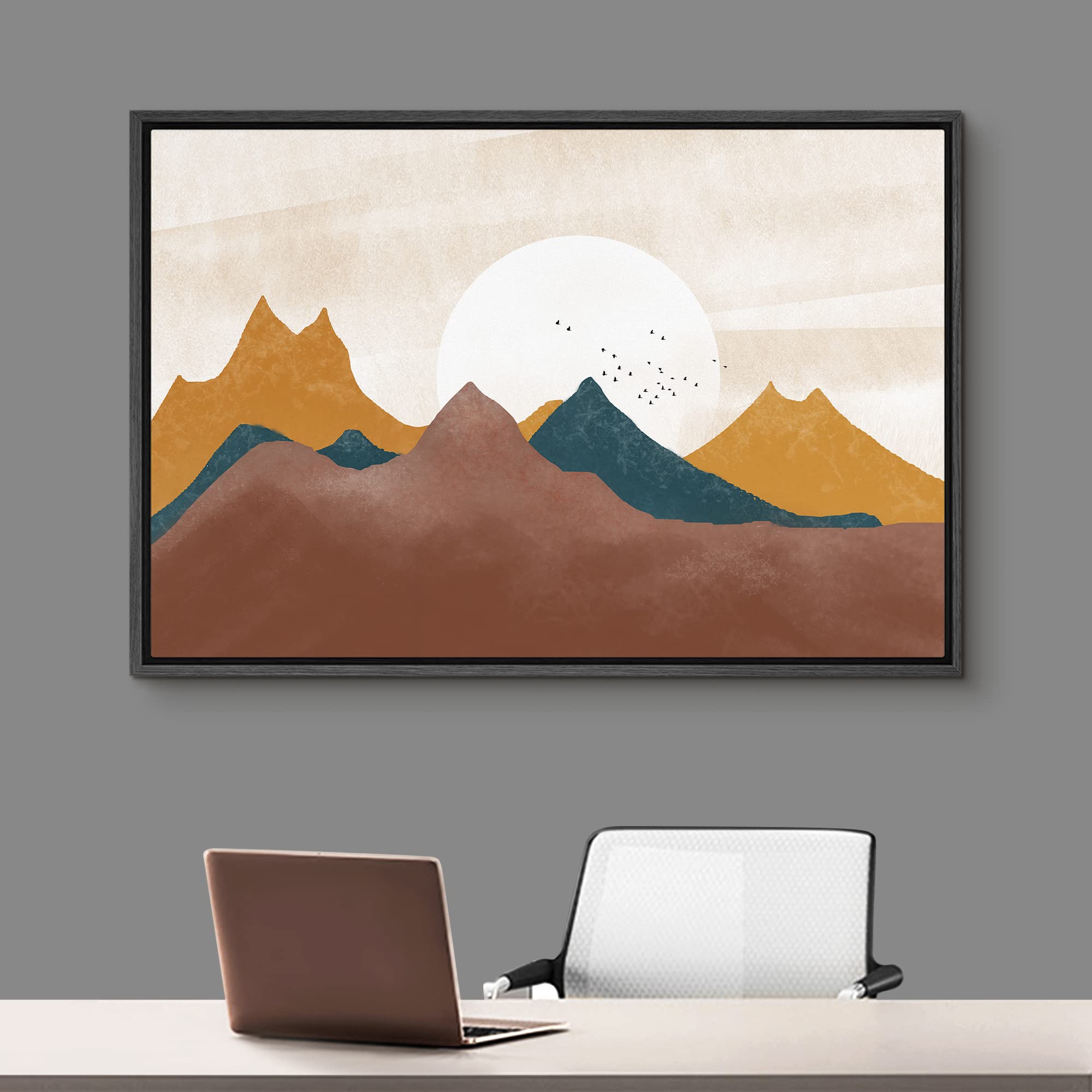 Signford Framed Canvas Print Wall Art Set Pastel Mountain Range Valley Sun Nature Wilderness Illustrations Modern Art Farmhouse/