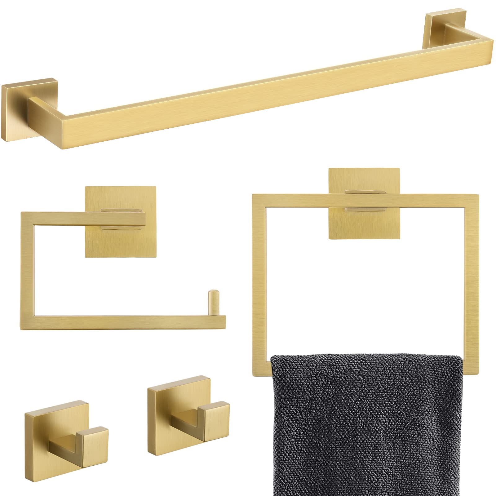 Yacvcl Brushed Gold 5 Piece Bathroom Hardware Set, Sus304 Stainless Steel 23.6 Inch Bath Towel Bar Set,Wall Mounted Towel Holder