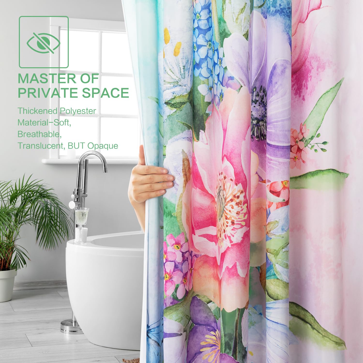 Floral Shower Curtain, Watercolor Flowers Shower Curtain Summer Blooming Flowers Painting Shower Curtain Sets Waterproof Polyest