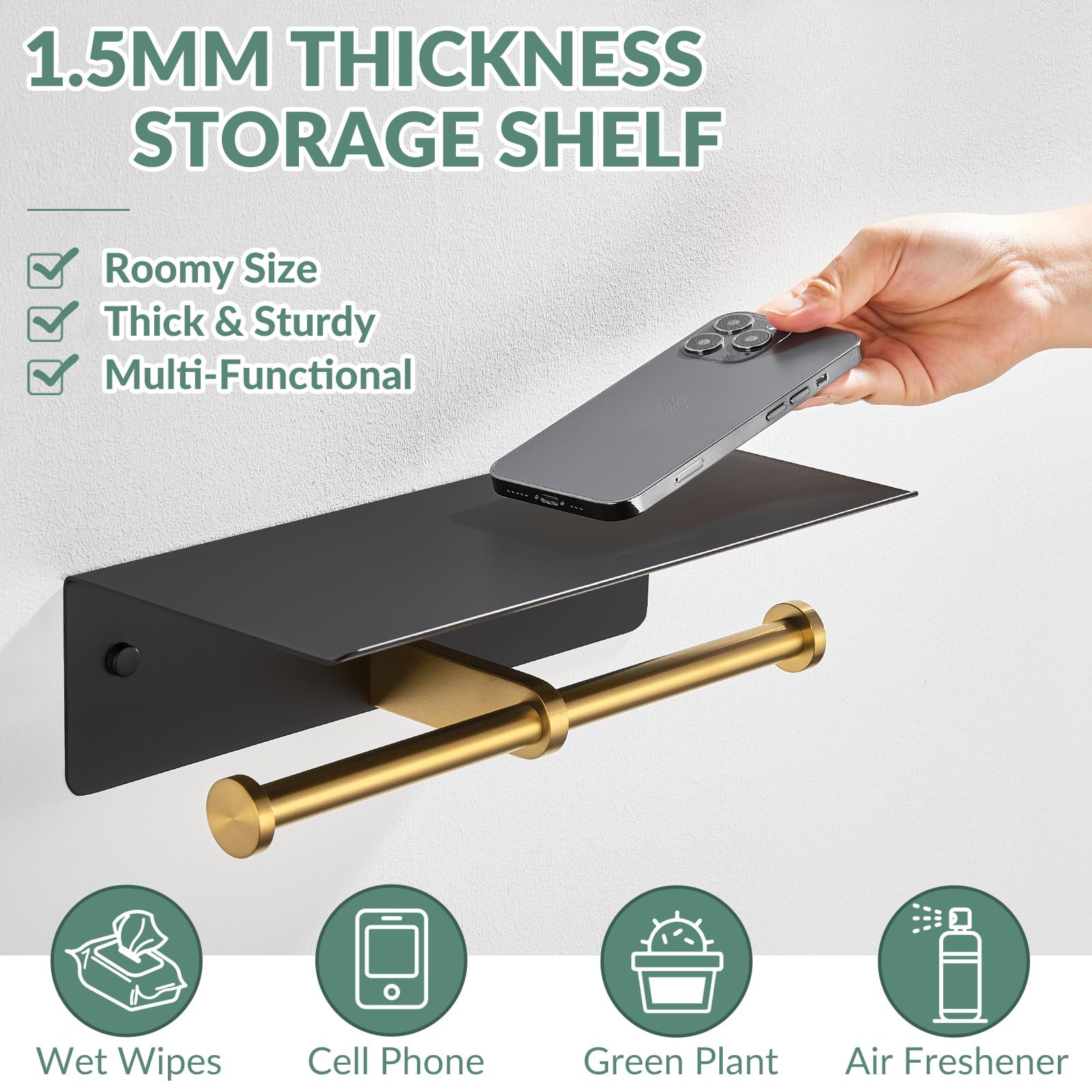 Aplusee Double Toilet Paper Holder With Phone Shelf Black & Gold, 304 Stainless Steel Tissue Paper Roll Storage Dispenser, Wall
