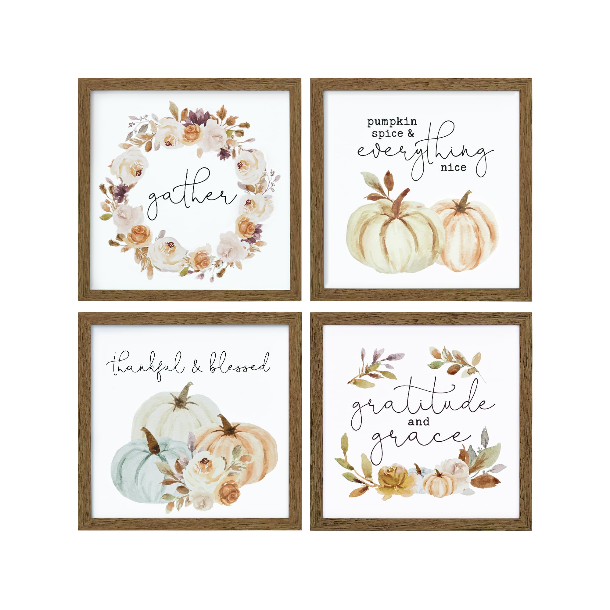 ArtbyHannah Fall Wall Art Decor for Indoor Decorations Framed with Autumn Harvest Thanksgiving Pumpkin Prints  Extra Halloween Prints Decorations for Home  4 Pack 10x10 Inch Walnut Frame