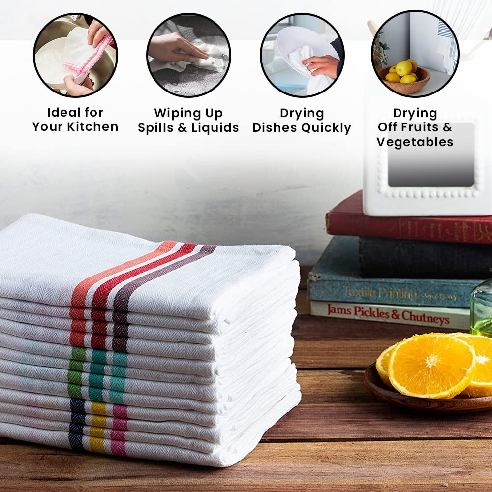 Candy Cottons Set of 12 Kitchen Dish Towels  100% Cotton Kitchen Towels  with Hanging Loop  Dishcloth Sets for Washing & Drying Dishes  Tea Towels & Hand Towels 18x28  Multi