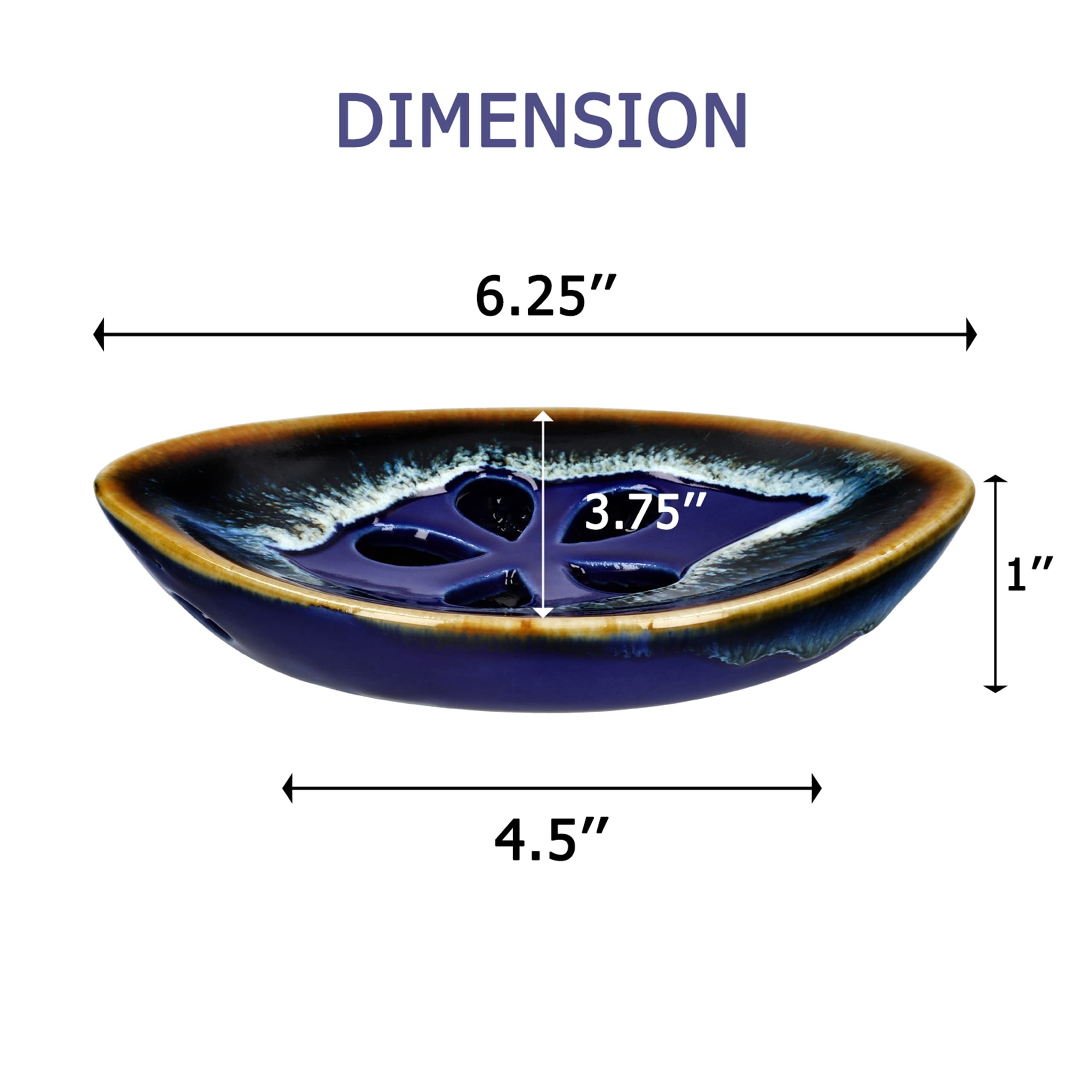 Lungmongkol Shop Ceramic Soap Dish With Self Draining Tray For Bar Soap, Bathroom, Kitchen (Blue No.2)
