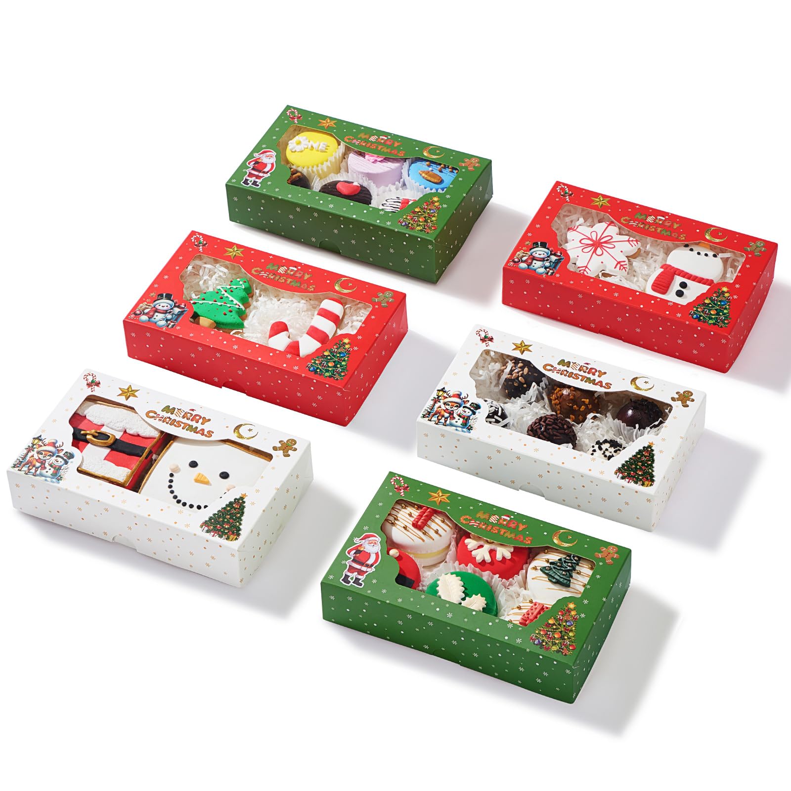 12 Pack 7x4.3x1.5Inch Green/Red/White Christmas Cookie Gift Boxes Clear Window Ideal for Packaging Cookie Macaron Cake Pop Choco