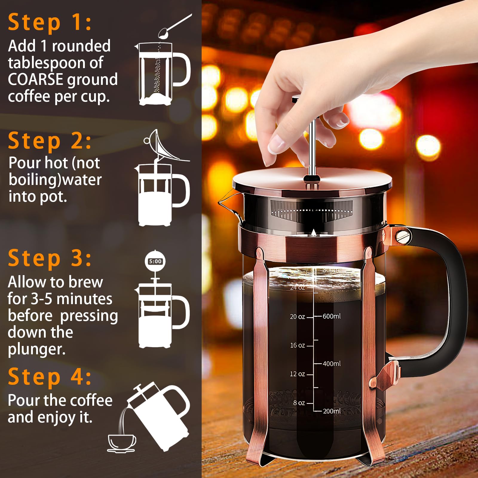 Ymmind French Press Coffee Maker 304 Stainless Steel Coffee Press,With 4 Filters System, Heat Resistant Thickness Borosilicate F