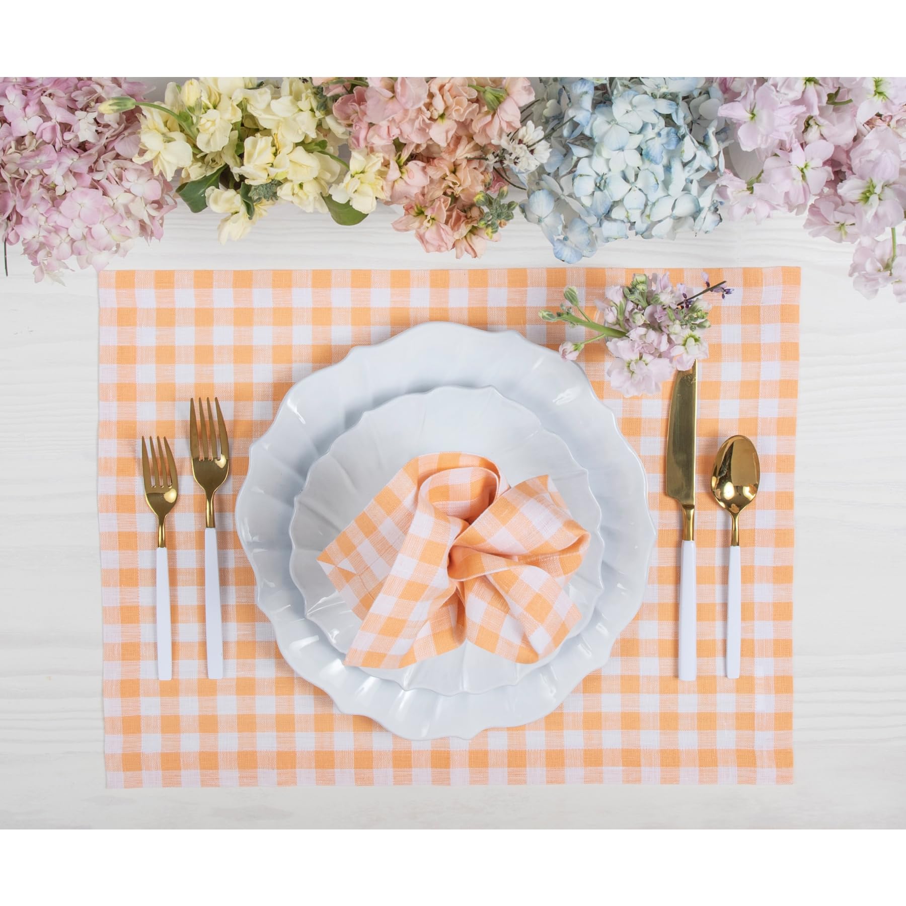 Solino Home Gingham Check Linen Napkins Set Of 4 - 100% Pure Linen Sunny Orange Plaid Napkins 20 X 20 Inch - Machine Washable Cl